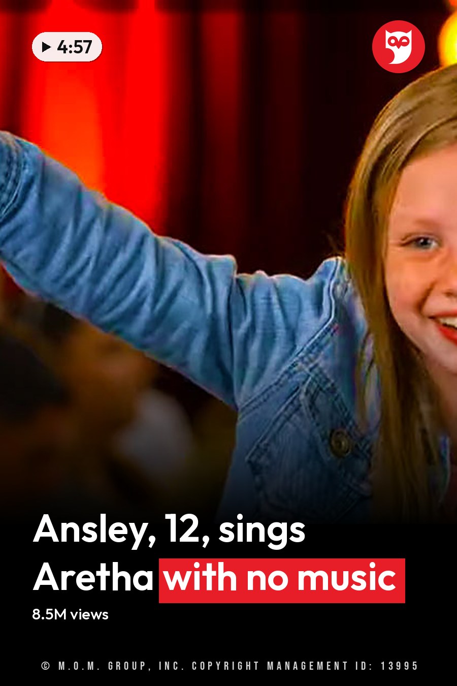 A young adult female child in a denim jacket over a pink shirt at an indoor carnival or fair with red curtains and yellow lights. The headline runs in white letters across the lower third.