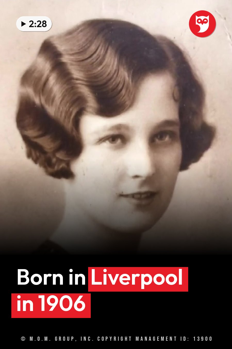 A sepia portrait of a woman with short curled hair, looking forward and smiling faintly. A headline runs in white letters across the lower third.