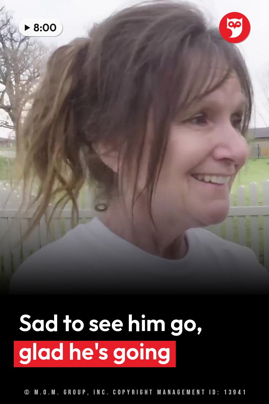 A woman with brown hair tied back smiles while standing outdoors near a white fence. A headline runs in white letters across the lower third.