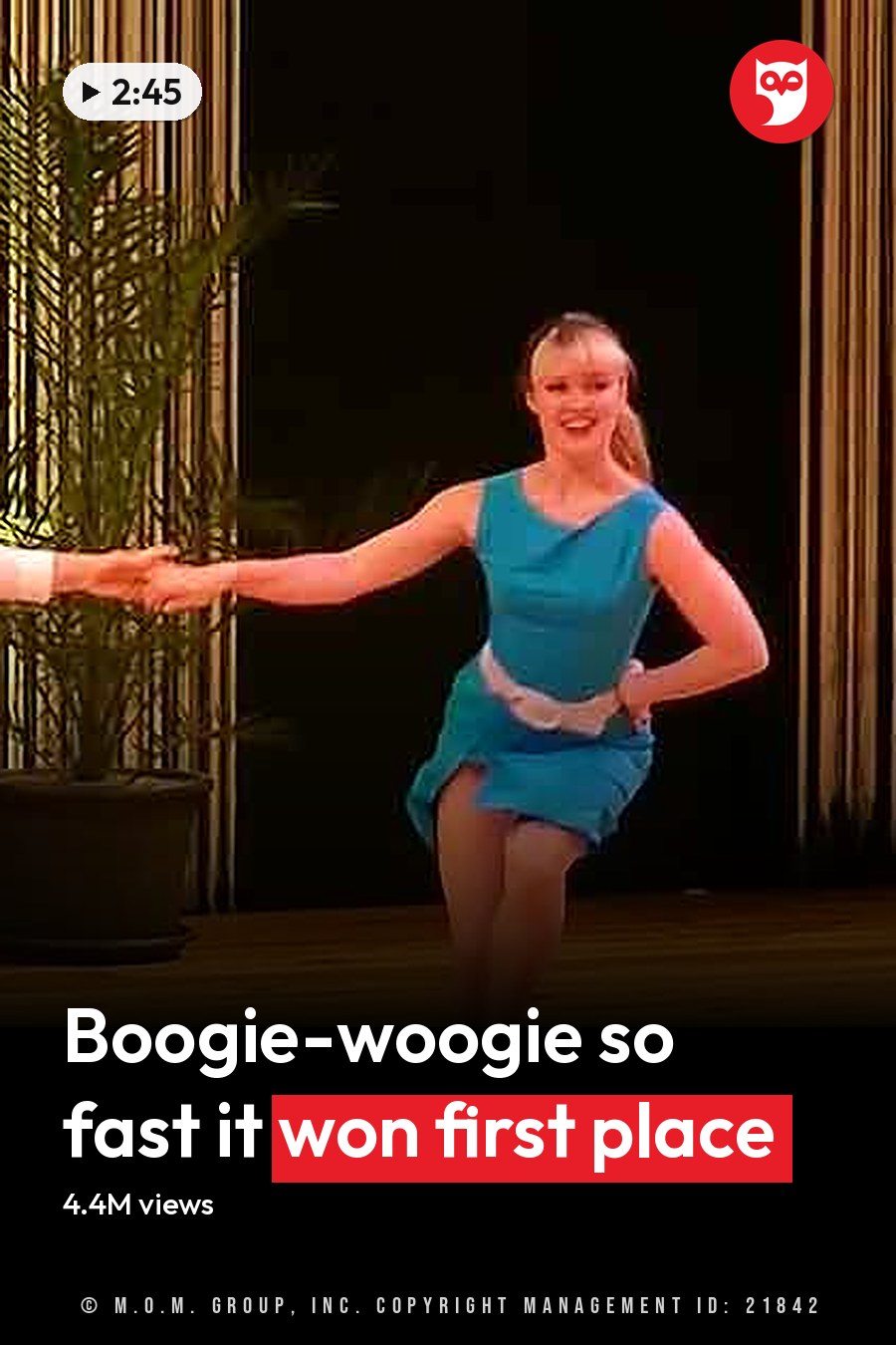 A dance performance scene with young adult male and female dancers in a formal indoor setting with stage lighting, curtains, and audience presence. The headline runs in white letters across the lower third.