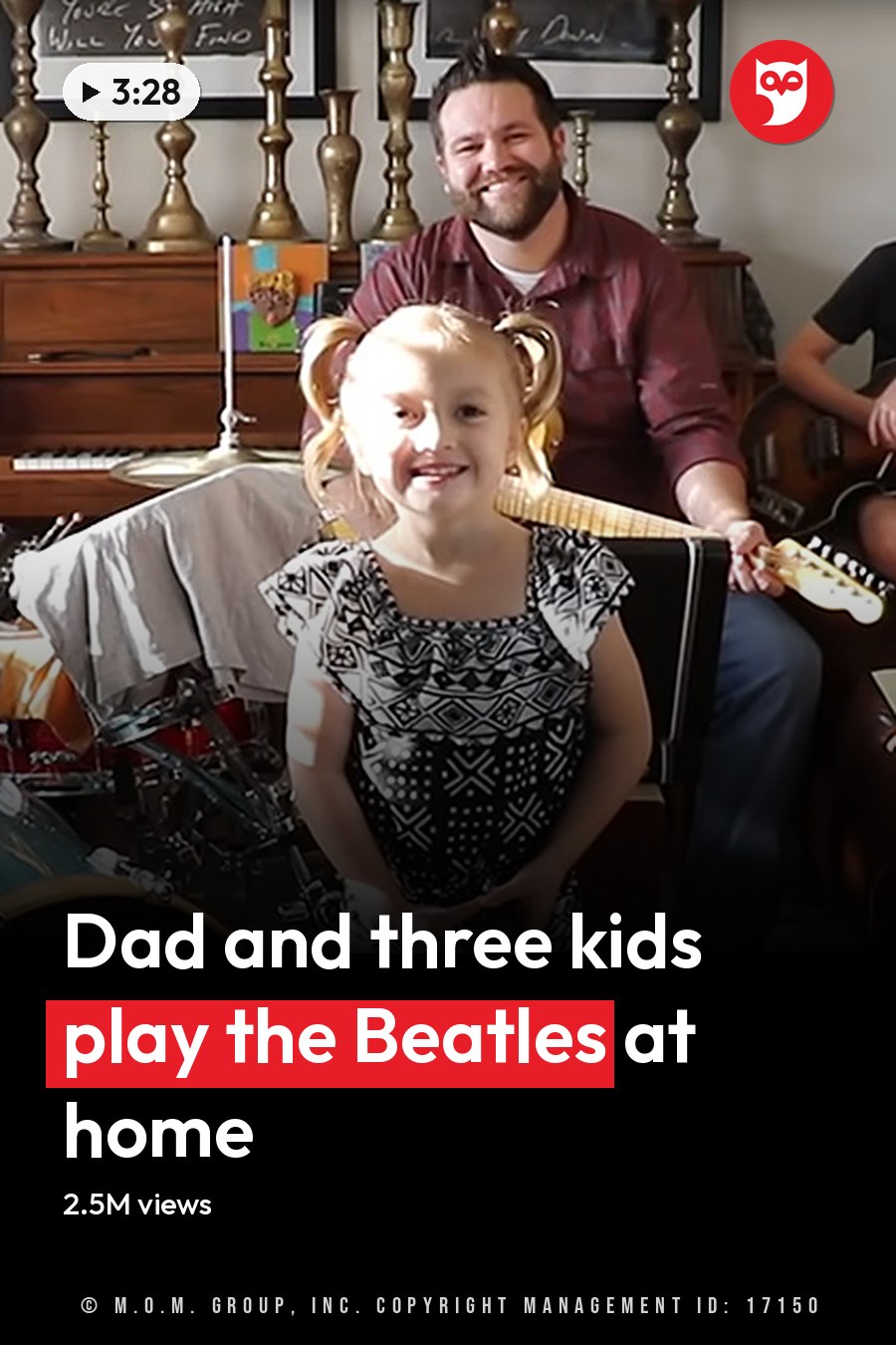 A cozy living room with a mix of vintage and modern decor elements, with children playing musical instruments and adults smiling. The headline runs in white letters across the lower third.