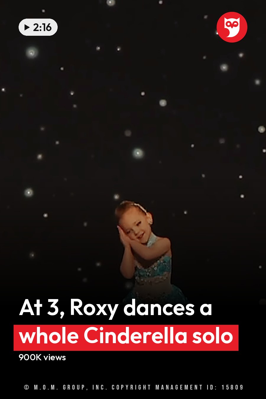 A toddler girl in a modern children's dance attire, barefoot on an indoor stage with a dark starry backdrop. The headline runs in white letters across the lower third.