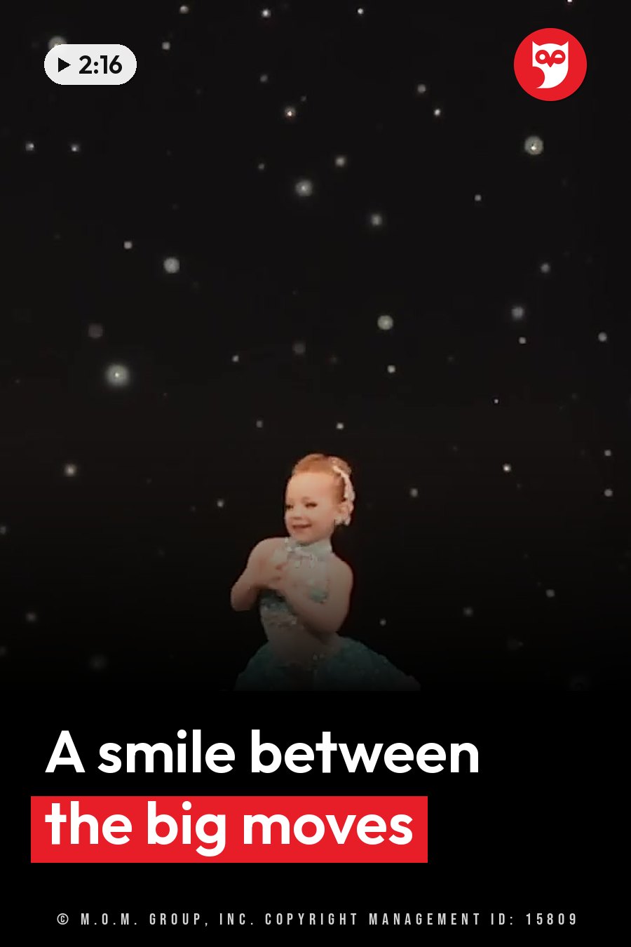 A young girl in a sparkly dress stands smiling on a stage in front of a starry black backdrop. A headline runs in white letters across the lower third.