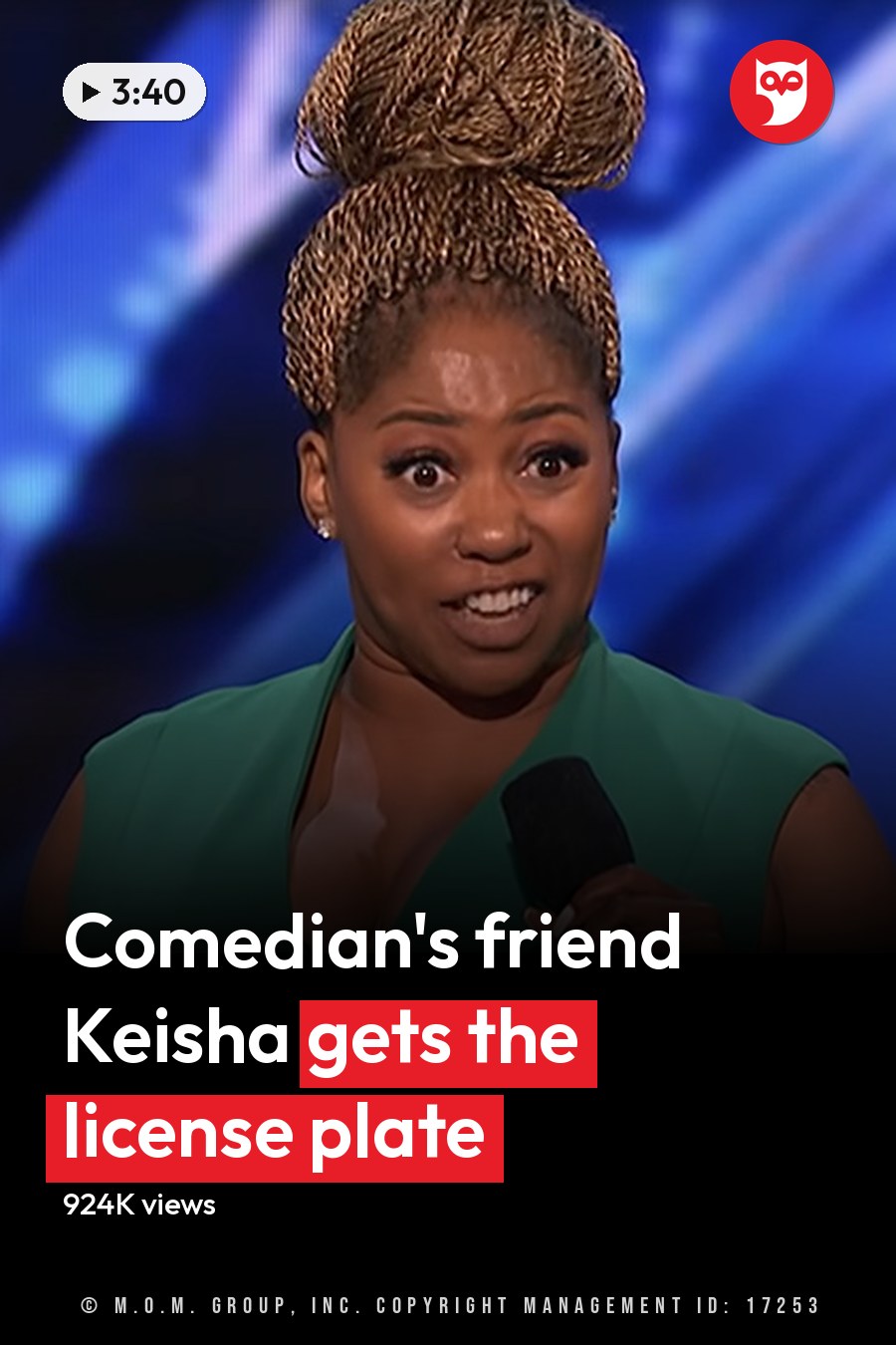 An adult female performer in a modern green sleeveless dress with a deep V-neckline, holding a microphone on an indoor stage with blue-toned geometric backdrop and stage lighting. The headline runs in white letters across the lower third.