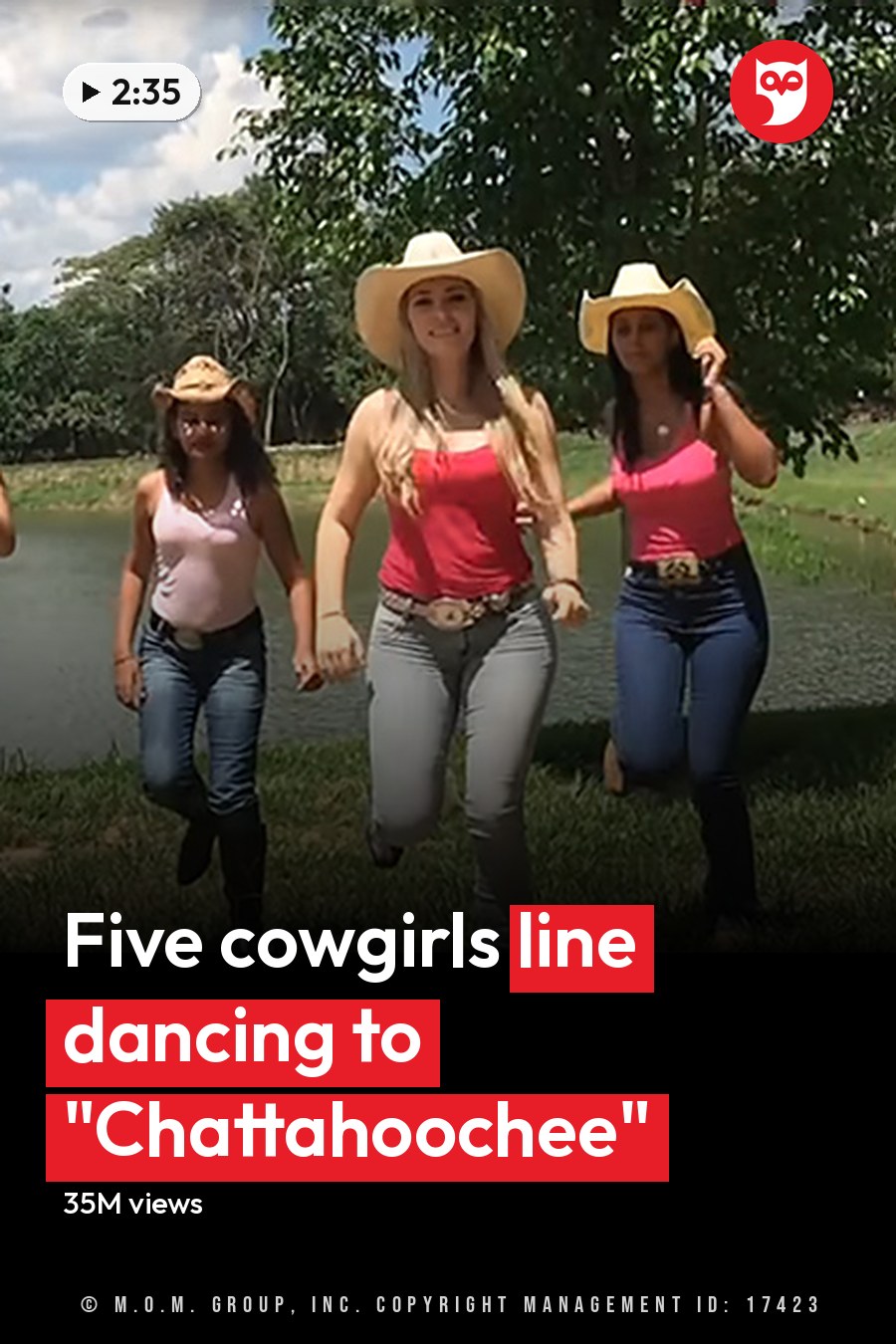 Five young adult females in a rural outdoor setting near a pond, wearing casual summer attire with pink tops and blue jeans, wide-brimmed straw hats, and various footwear under partly cloudy skies. The headline runs in white letters across the lower third.
