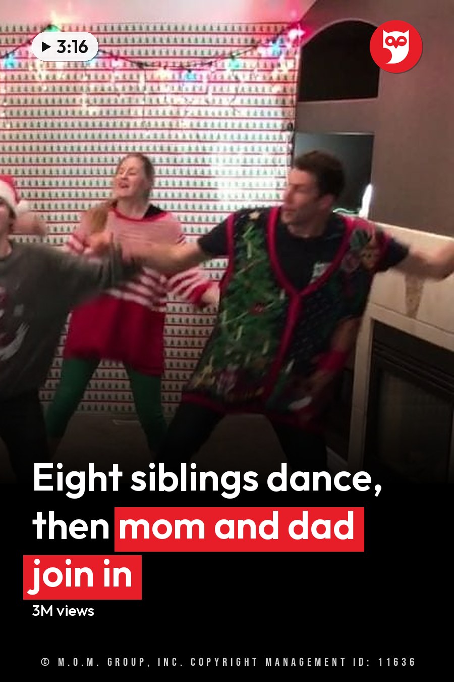 Young adults dancing in a festive Christmas living room, wearing holiday-themed outfits with red boots and patterned vests. The headline runs in white letters across the lower third.