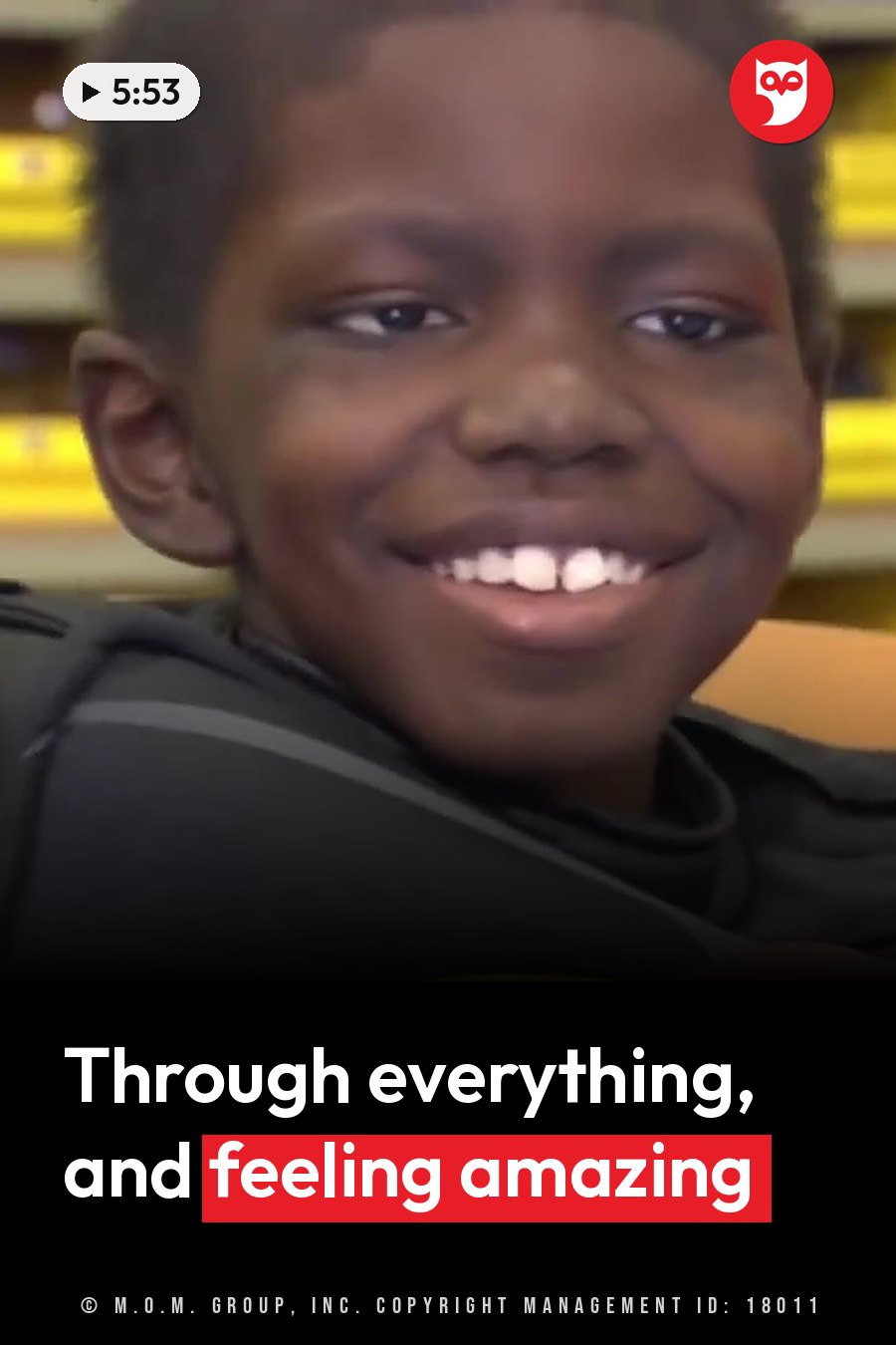A young boy smiles broadly in a gray shirt with stripes on the shoulders. A headline runs in white letters across the lower third.