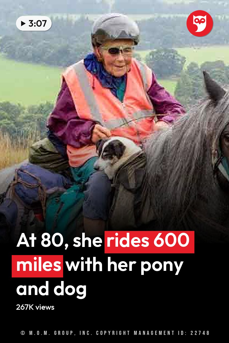 An older adult female riding a draft horse in a rural landscape with late summer or early autumn foliage and midday light. The headline runs in white letters across the lower third.