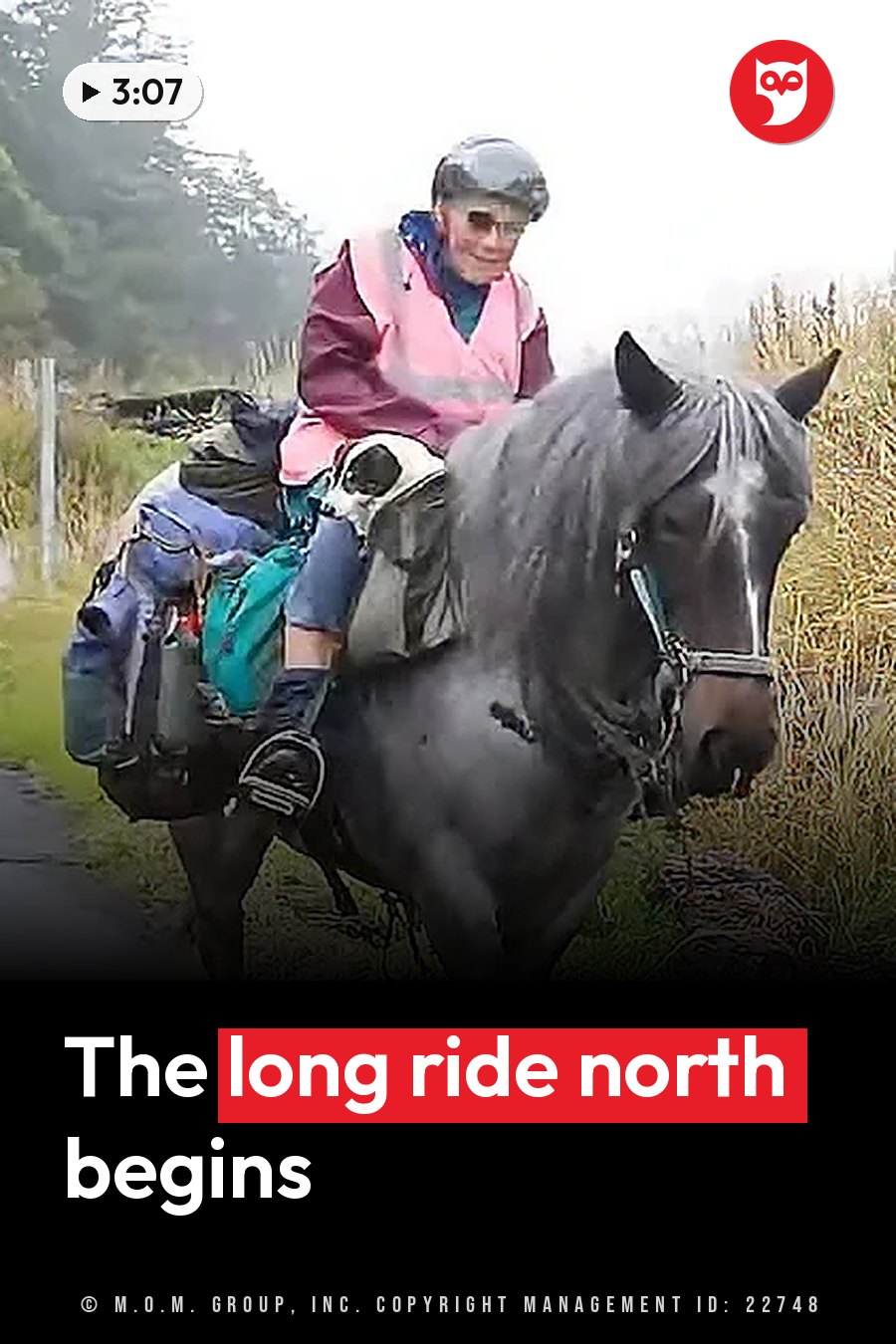 An older rider in a helmet rides a dark horse along a path with tall grass on both sides. A headline runs in white letters across the lower third.
