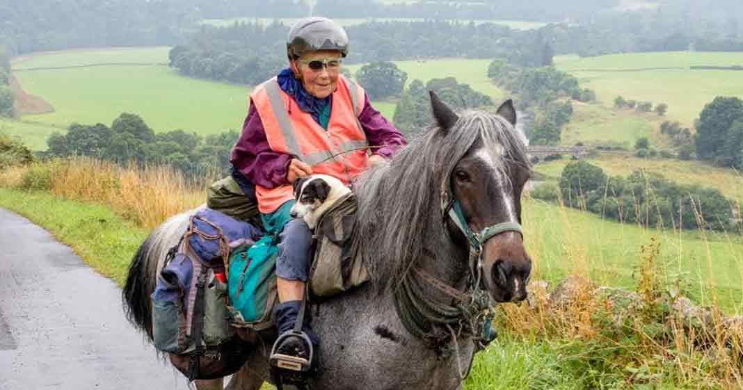 An older adult female riding a draft horse in a rural landscape with late summer or early autumn foliage and midday light.