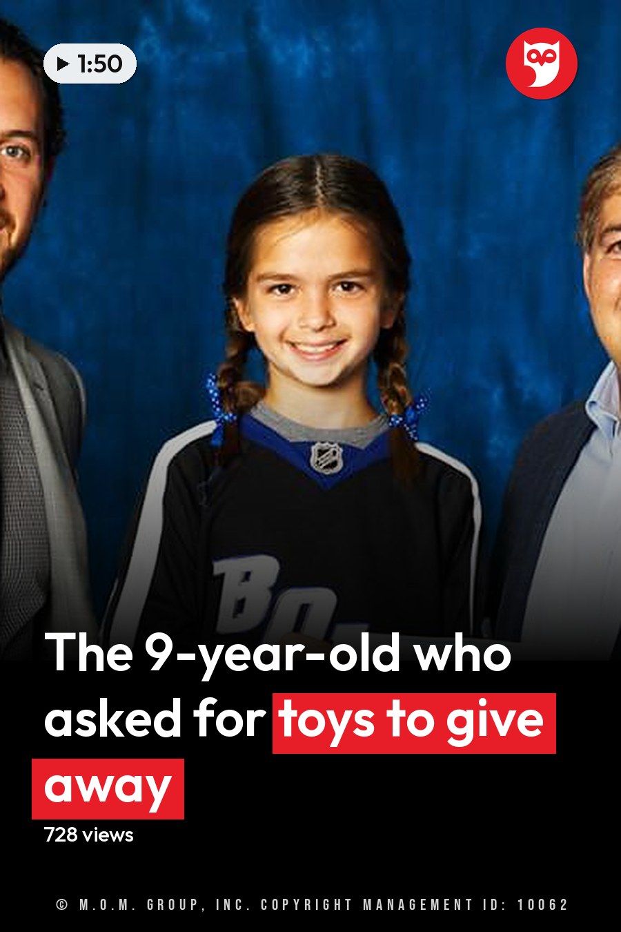 A young girl in a hockey jersey holds a check, flanked by two adults dressed formally against a plain blue backdrop. The headline runs in white letters across the lower third.