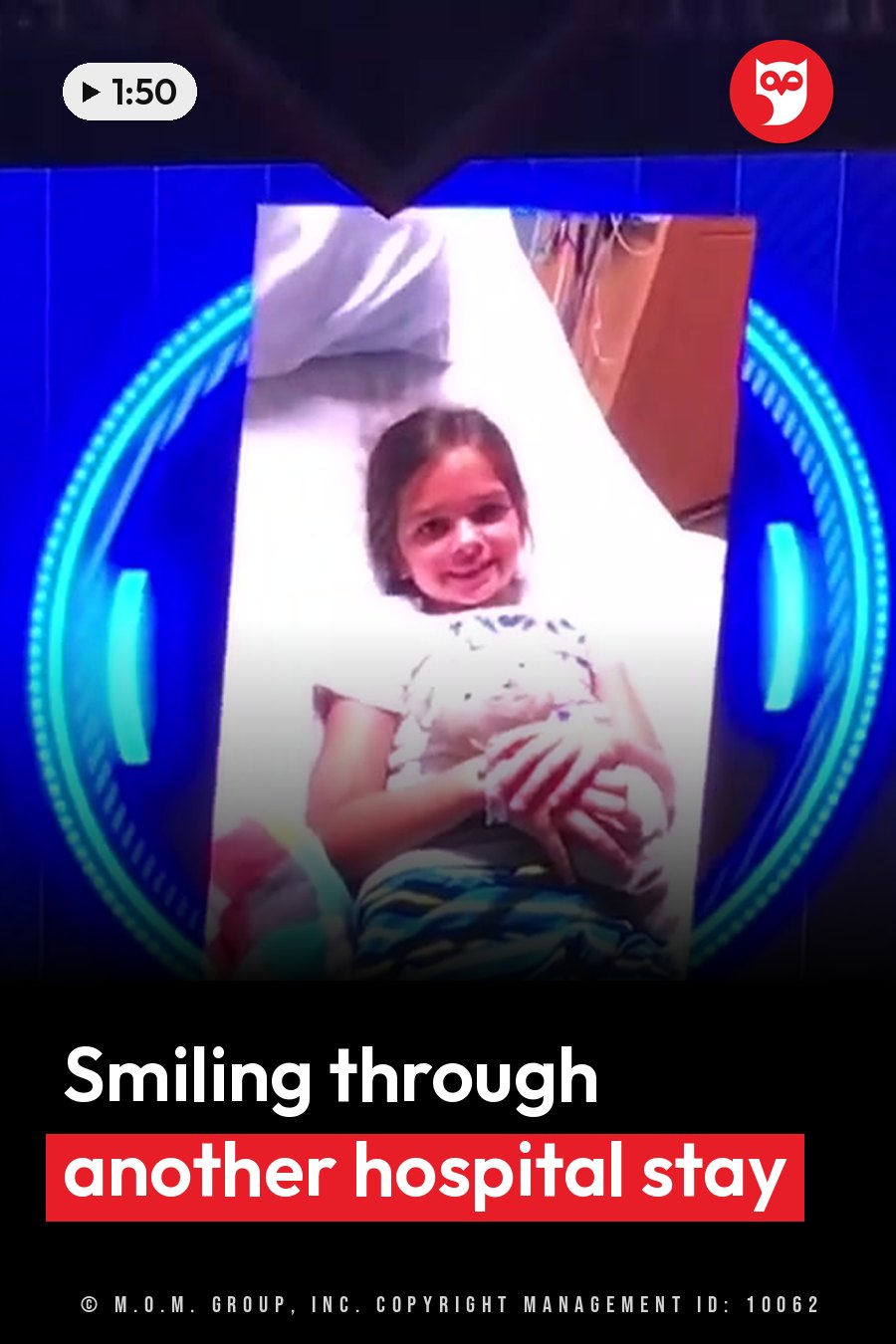 A young girl lies on a hospital bed, smiling and holding a stuffed animal. A headline runs in white letters across the lower third.