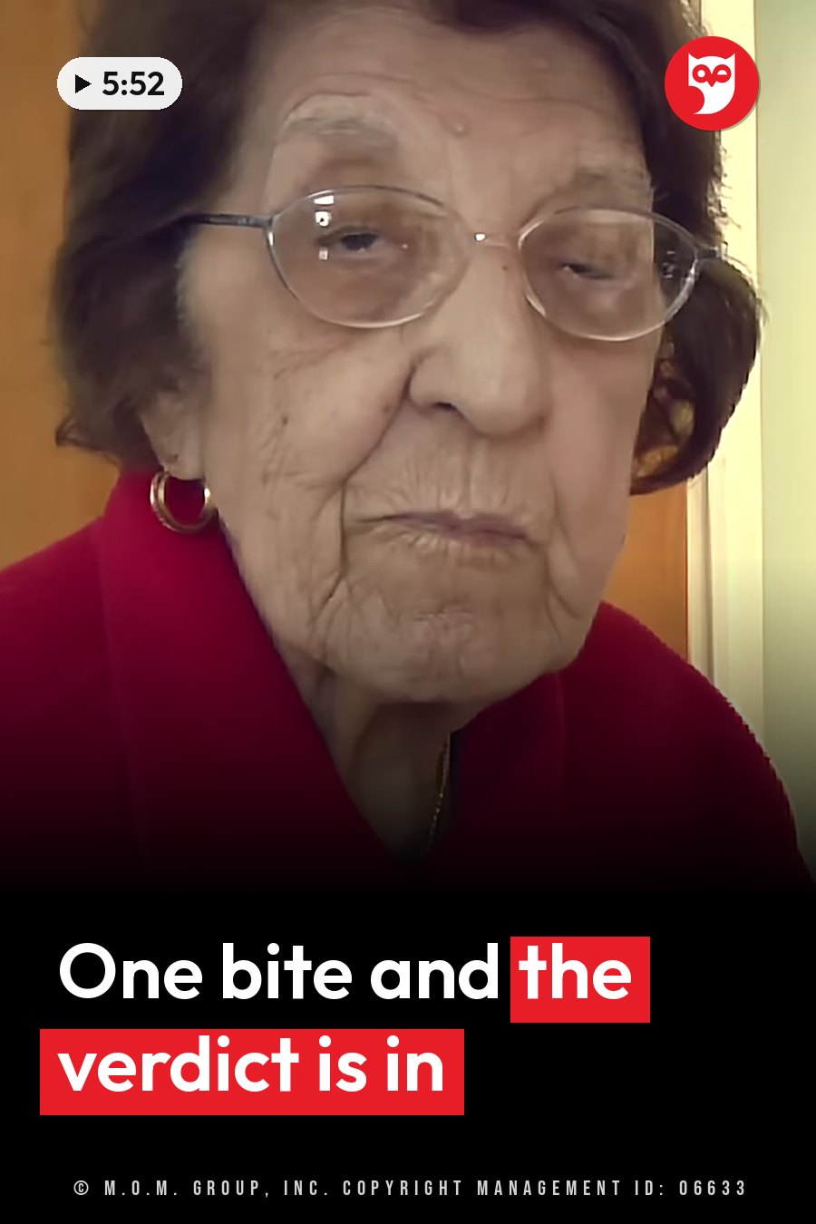 An older woman in glasses and a red top looks forward and slightly down. A headline runs in white letters across the lower third.
