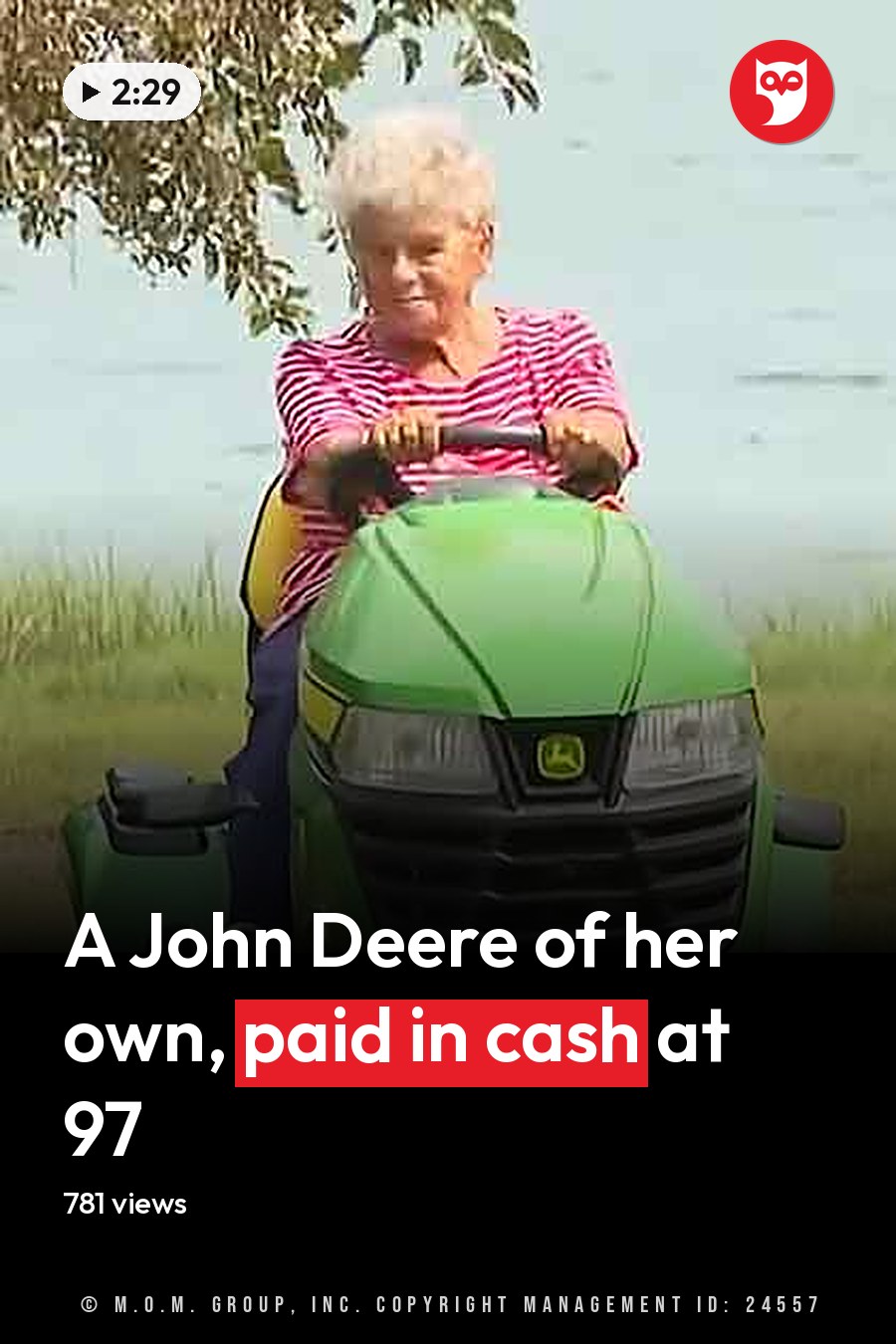 An older adult woman riding a lawn mower near water with greenery and trees in the background, wearing a red and white striped shirt. The headline runs in white letters across the lower third.