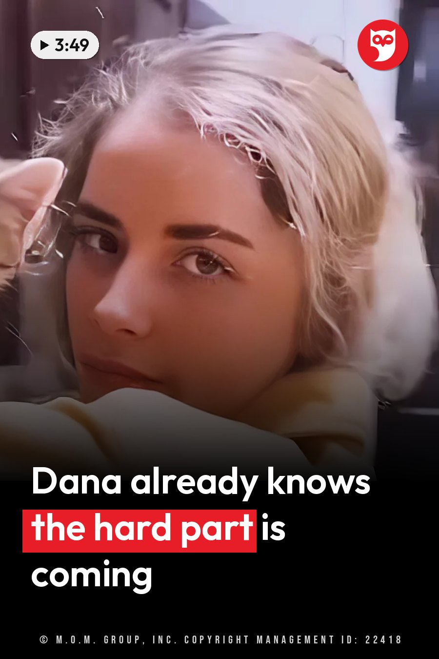 Dana, who has light hair and glasses, rests her head on a yellow surface and looks toward the camera. A headline runs in white letters across the lower third.