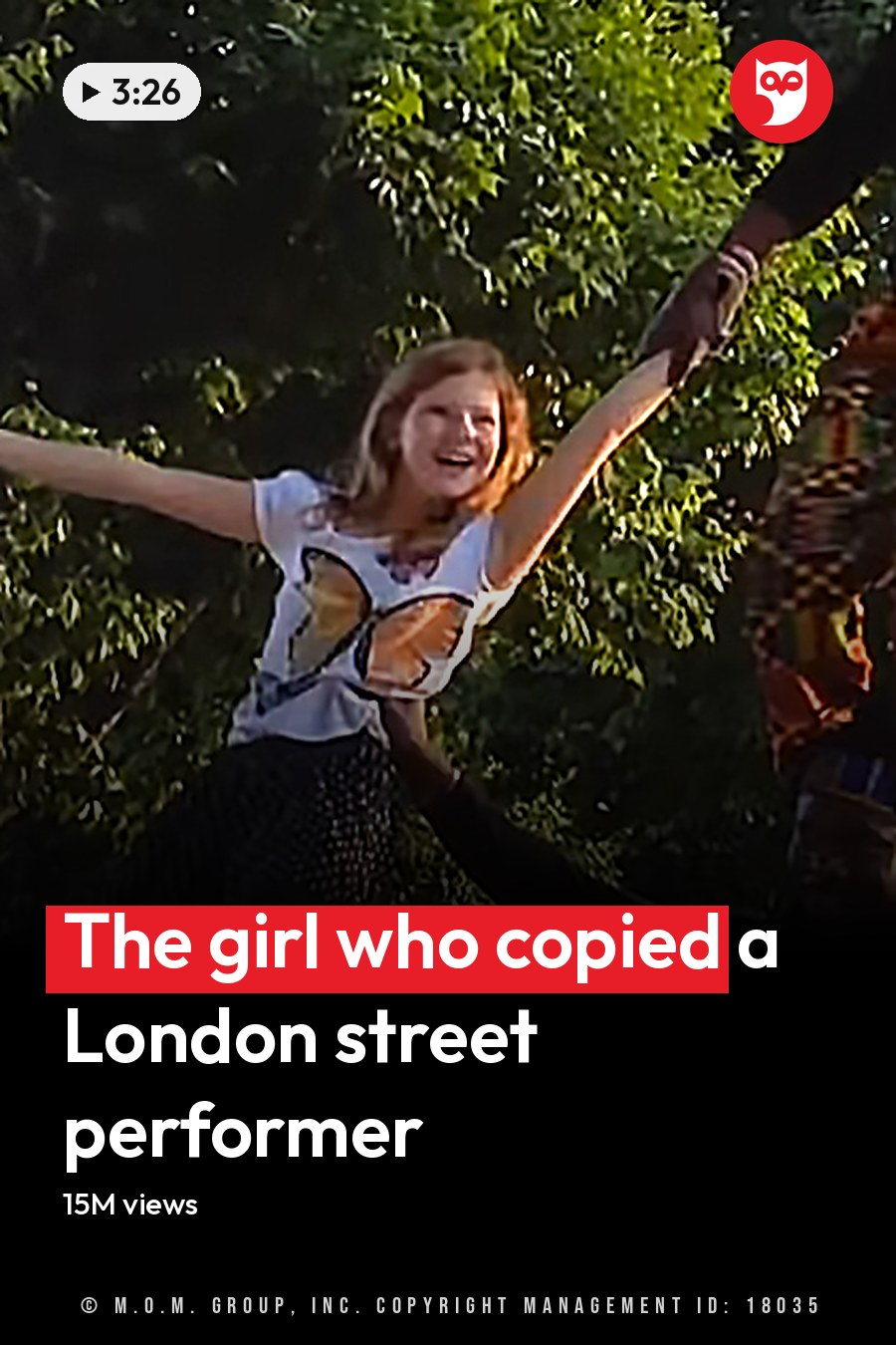 A street performer with a young adult female child in London, England, surrounded by onlookers and iconic Big Ben clock tower in the background during late afternoon or early evening. The headline runs in white letters across the lower third.