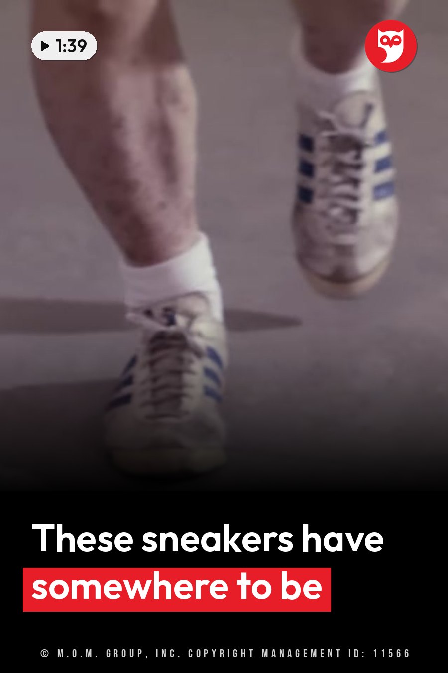 A person in white sneakers with blue stripes is caught mid-stride on a paved surface. A headline runs in white letters across the lower third.
