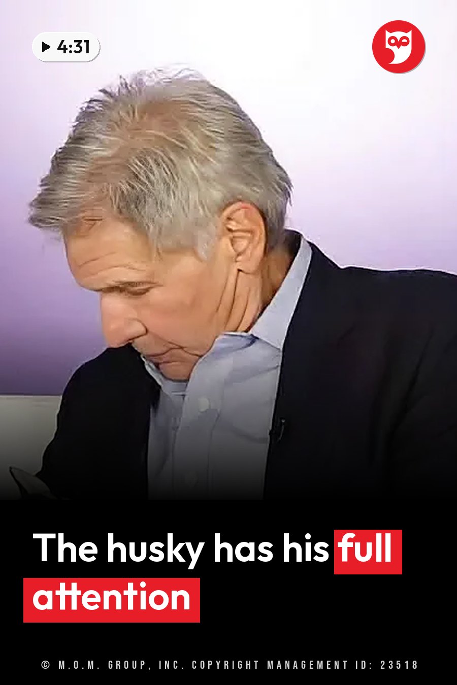 Harrison Ford, gray-haired and in a dark jacket over a light shirt, sits and looks down. A headline runs in white letters across the lower third.