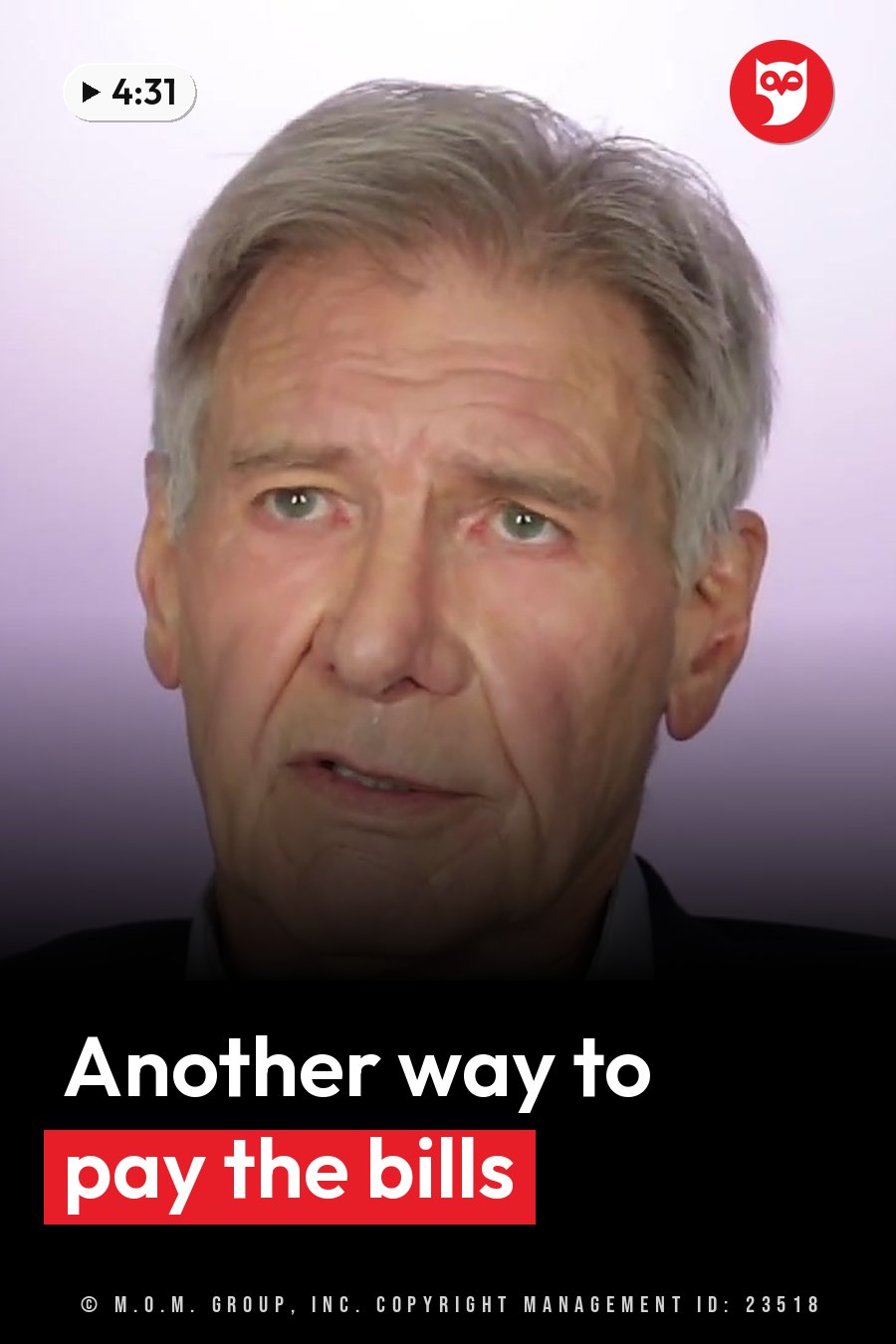 Harrison Ford, gray-haired, looks ahead and speaks in front of a plain purple background. A headline runs in white letters across the lower third.