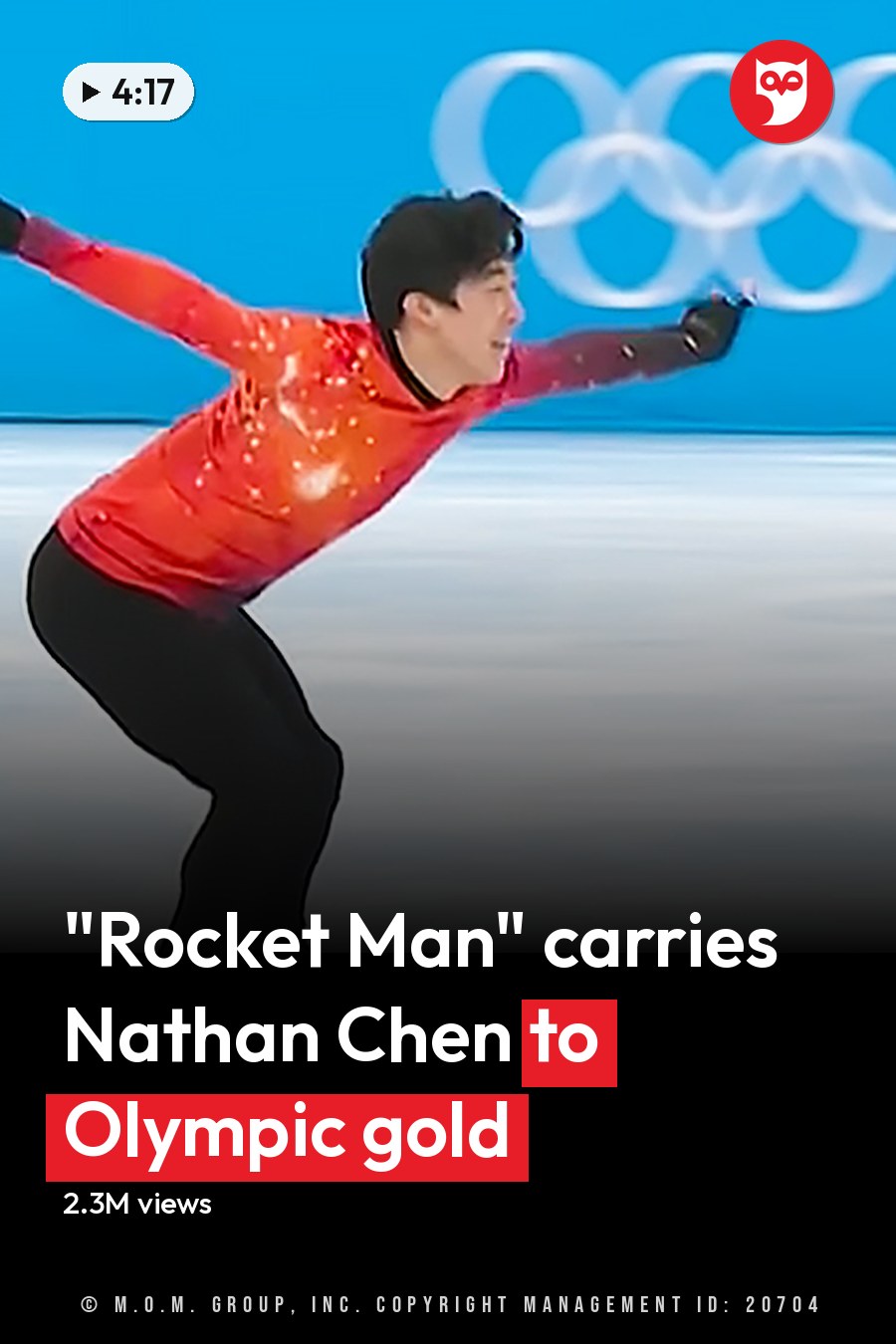 A young adult male figure skater in a red long-sleeve skating costume competes on an indoor ice rink during the Olympic event under bright, even lighting. The headline runs in white letters across the lower third.