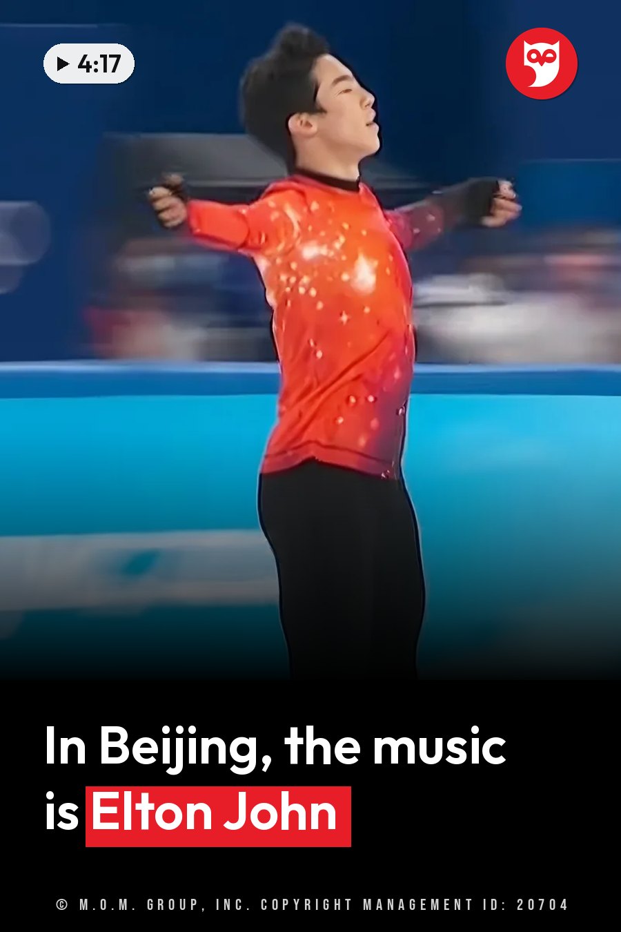 A skater in a red sparkly top and black pants stands on the ice with his arms spread wide and his head tilted back. A headline runs in white letters across the lower third.