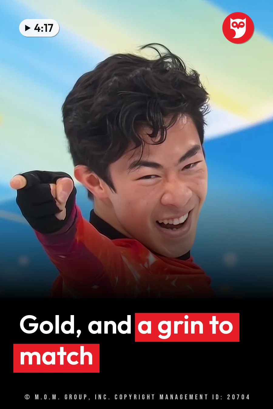 A dark-haired skater in a red outfit and a black glove points forward with a wide smile. A headline runs in white letters across the lower third.