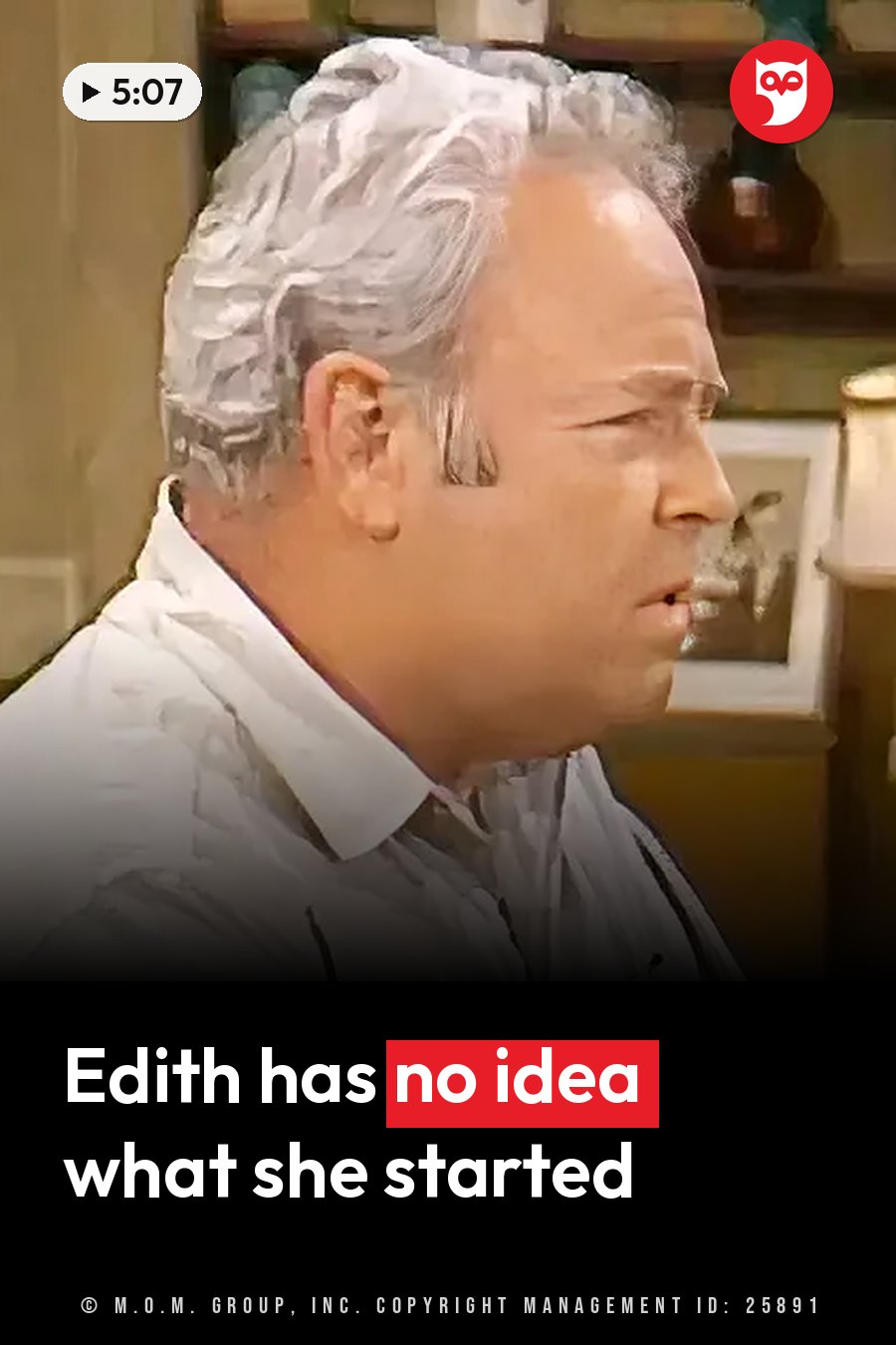 Archie, a gray-haired man in a white shirt, glances to one side near shelves holding small objects. A headline runs in white letters across the lower third.