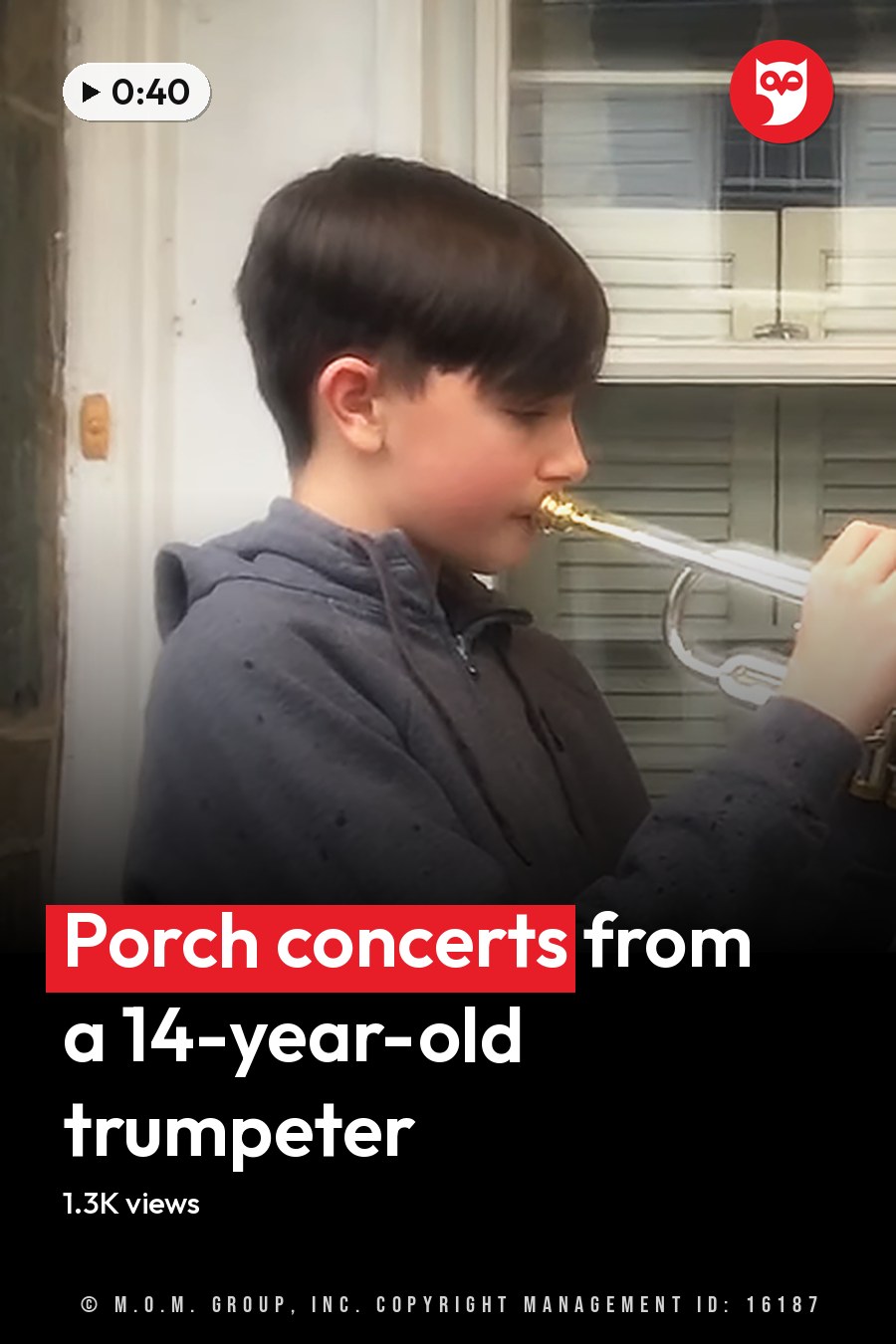 A child plays the trumpet outside a house with older adults watching from inside; scene takes place in spring or summer with white-painted shutters and greenery visible. The headline runs in white letters across the lower third.