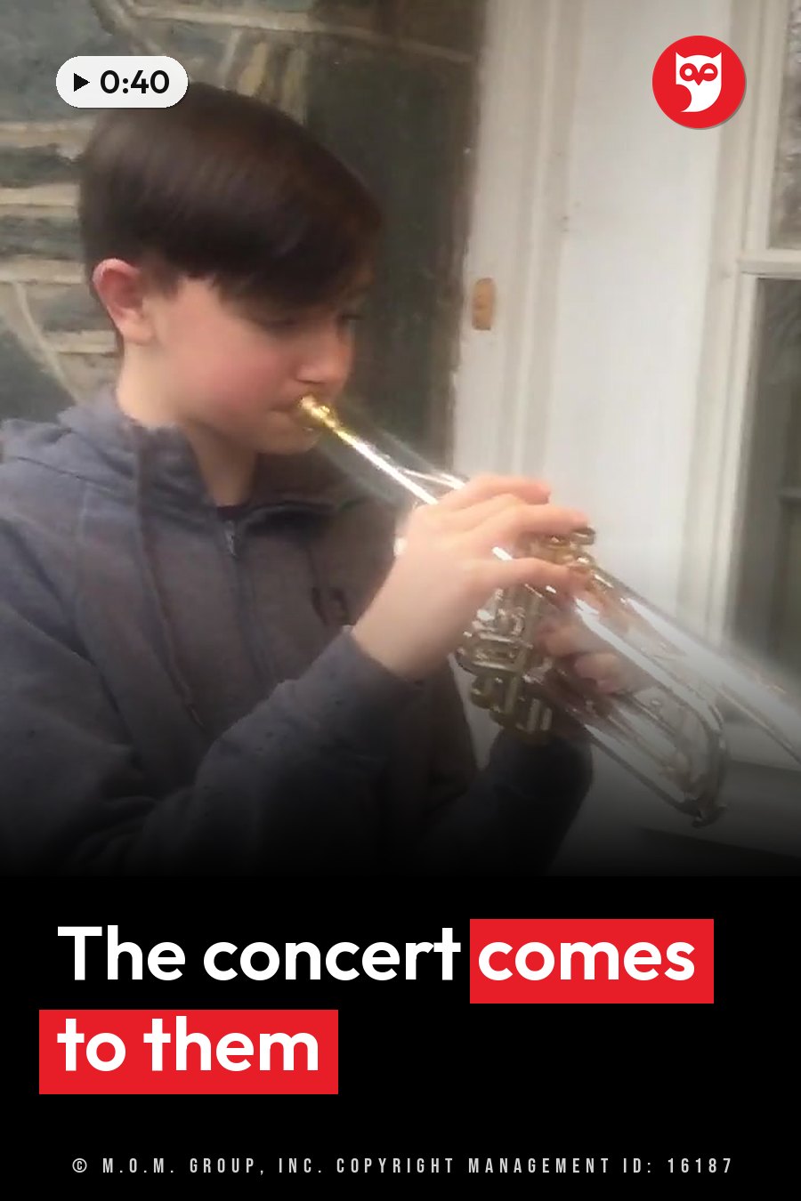 A young person plays a trumpet outdoors next to a building with stone walls and windows. A headline runs in white letters across the lower third.