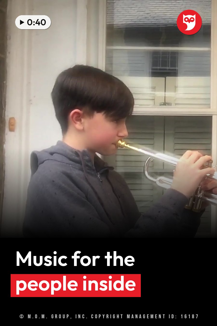 A boy plays a trumpet outside, next to a window with white trim and shutters. A headline runs in white letters across the lower third.