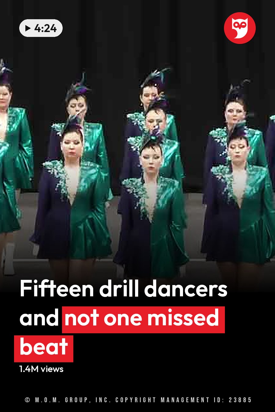 Young adult female dancers performing in a studio setting, wearing shiny green jackets with white accents and matching skirts, white ankle boots, and feathered headpieces. The headline runs in white letters across the lower third.