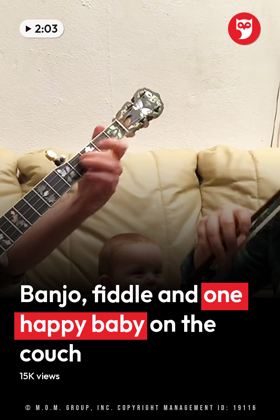 A family scene indoors with an adult male, middle-aged infant, and adult female playing musical instruments on a couch under soft lighting. The headline runs in white letters across the lower third.