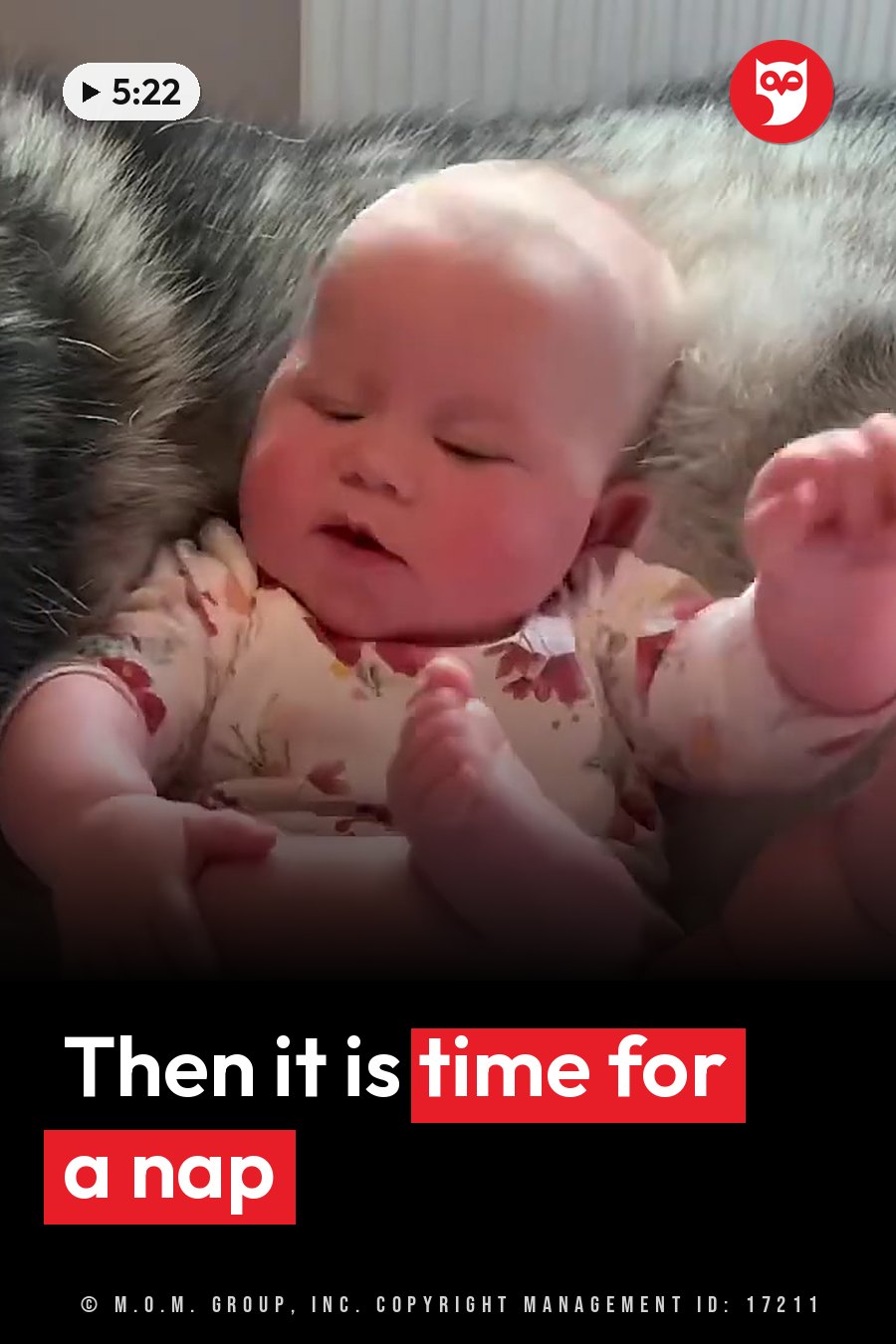 A baby in a floral onesie sleeps on a furry surface with one hand raised slightly. A headline runs in white letters across the lower third.