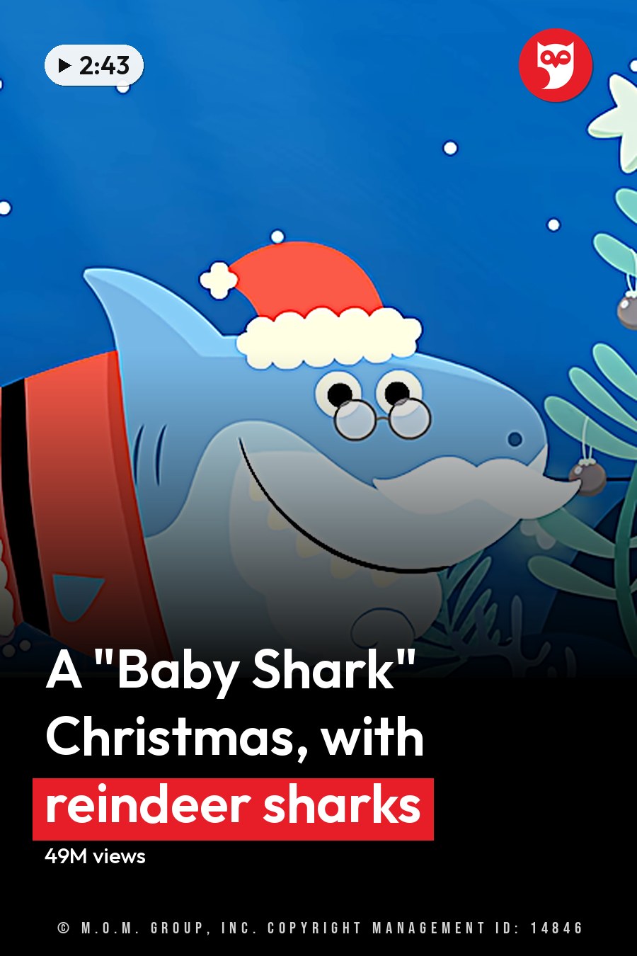 A cartoon shark wearing a Santa hat swims underwater among festive decorations including ornaments resembling Christmas tree baubles, candy canes, and starfish. The scene is bright with marine life elements suggesting it's during the holiday season. The headline runs in white letters across the lower third.
