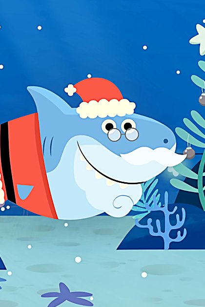 A cartoon shark wearing a Santa hat swims underwater among festive decorations including ornaments resembling Christmas tree baubles, candy canes, and starfish. The scene is bright with marine life elements suggesting it's during the holiday season.