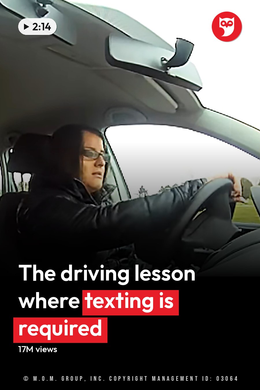 An adult male singer in a blue jacket with yellow patch, driving lesson scene through urban area, daytime outdoor setting with trees and grassy field visible from car window, black seats and steering wheel inside modern vehicle interior, green and gray natural palette dominant. The headline runs in white letters across the lower third.