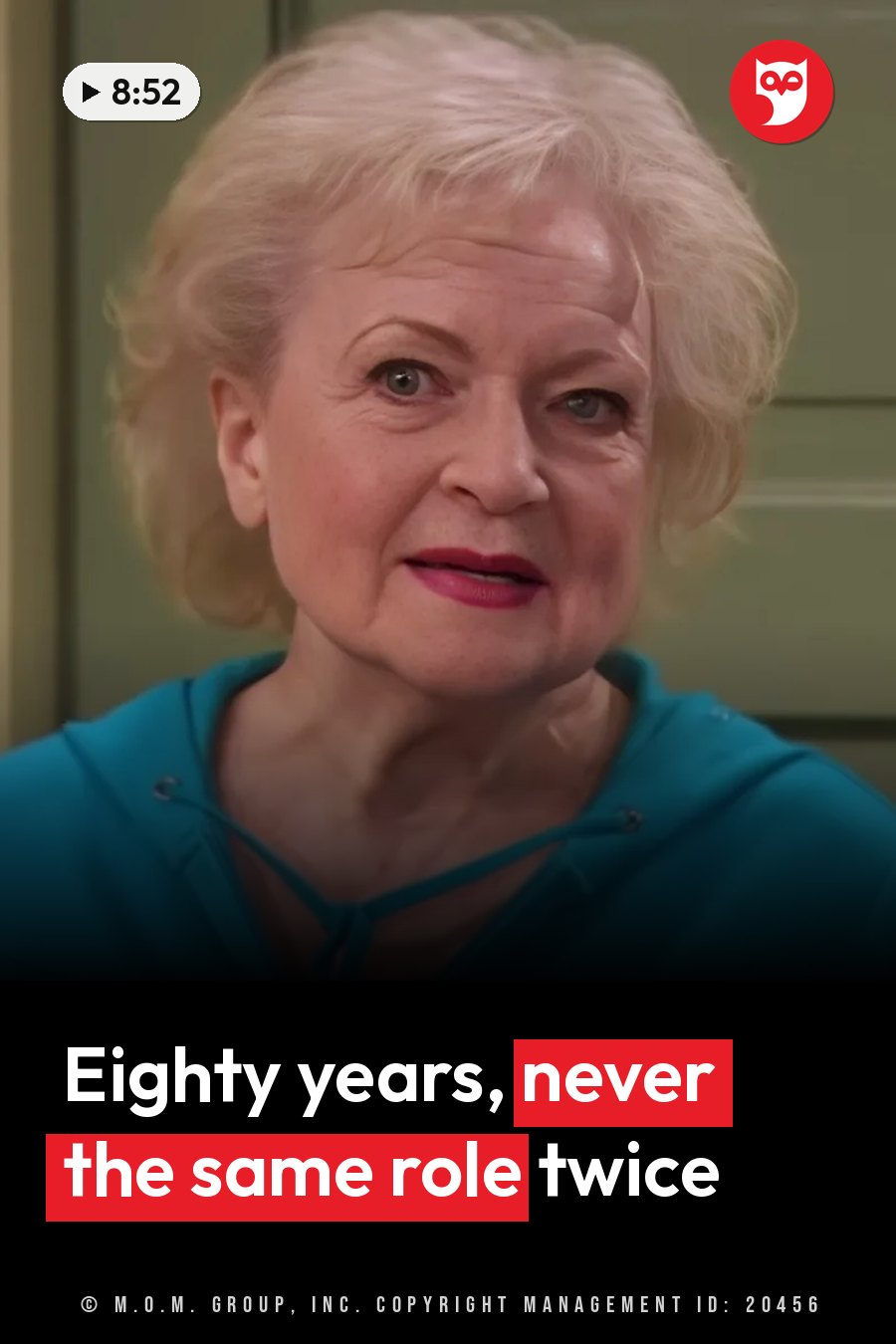 Betty White, with blonde hair and red lipstick, wears a blue top and looks straight ahead. A headline runs in white letters across the lower third.