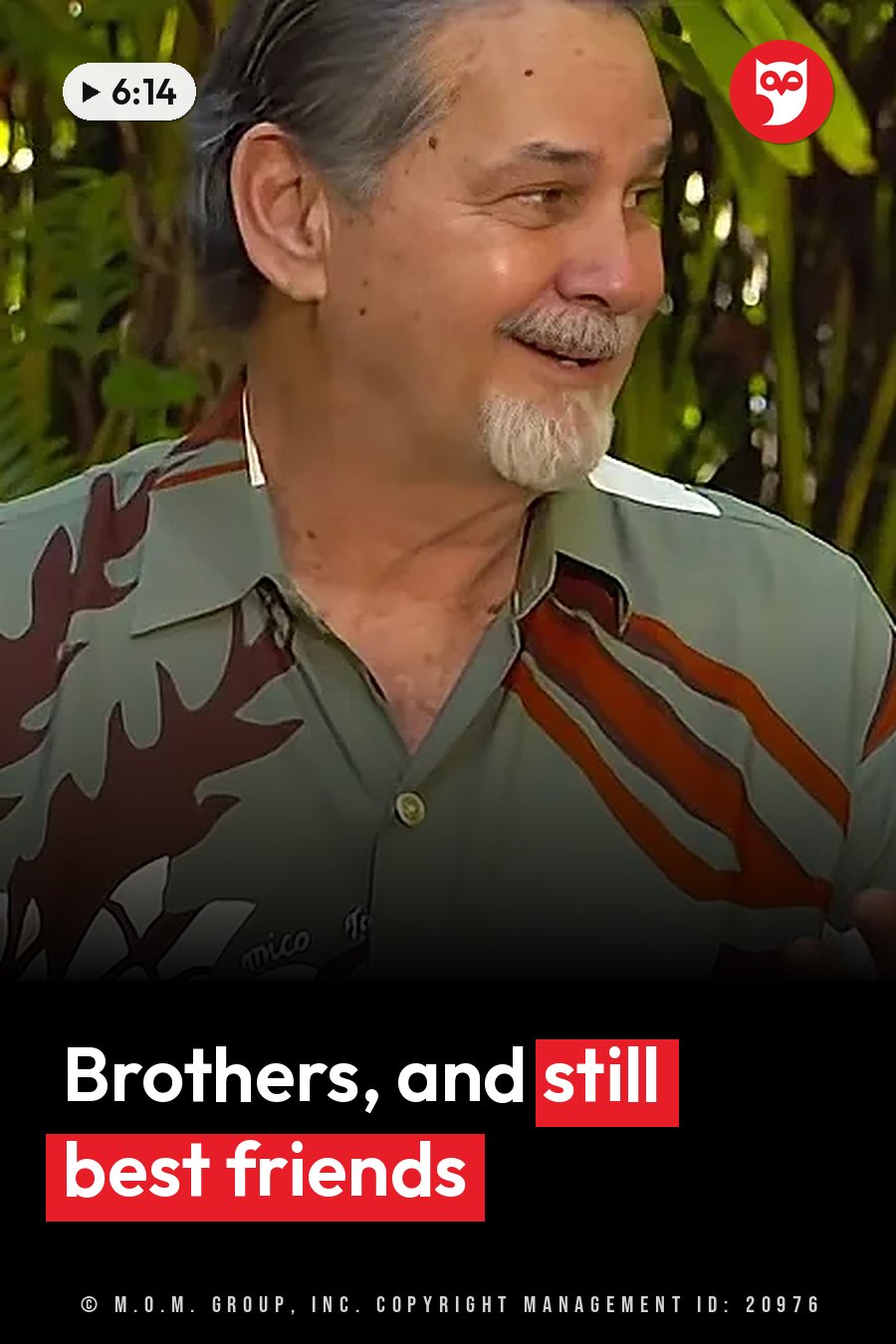 A man with gray hair and a beard smiles in a patterned shirt in front of green foliage. A headline runs in white letters across the lower third.