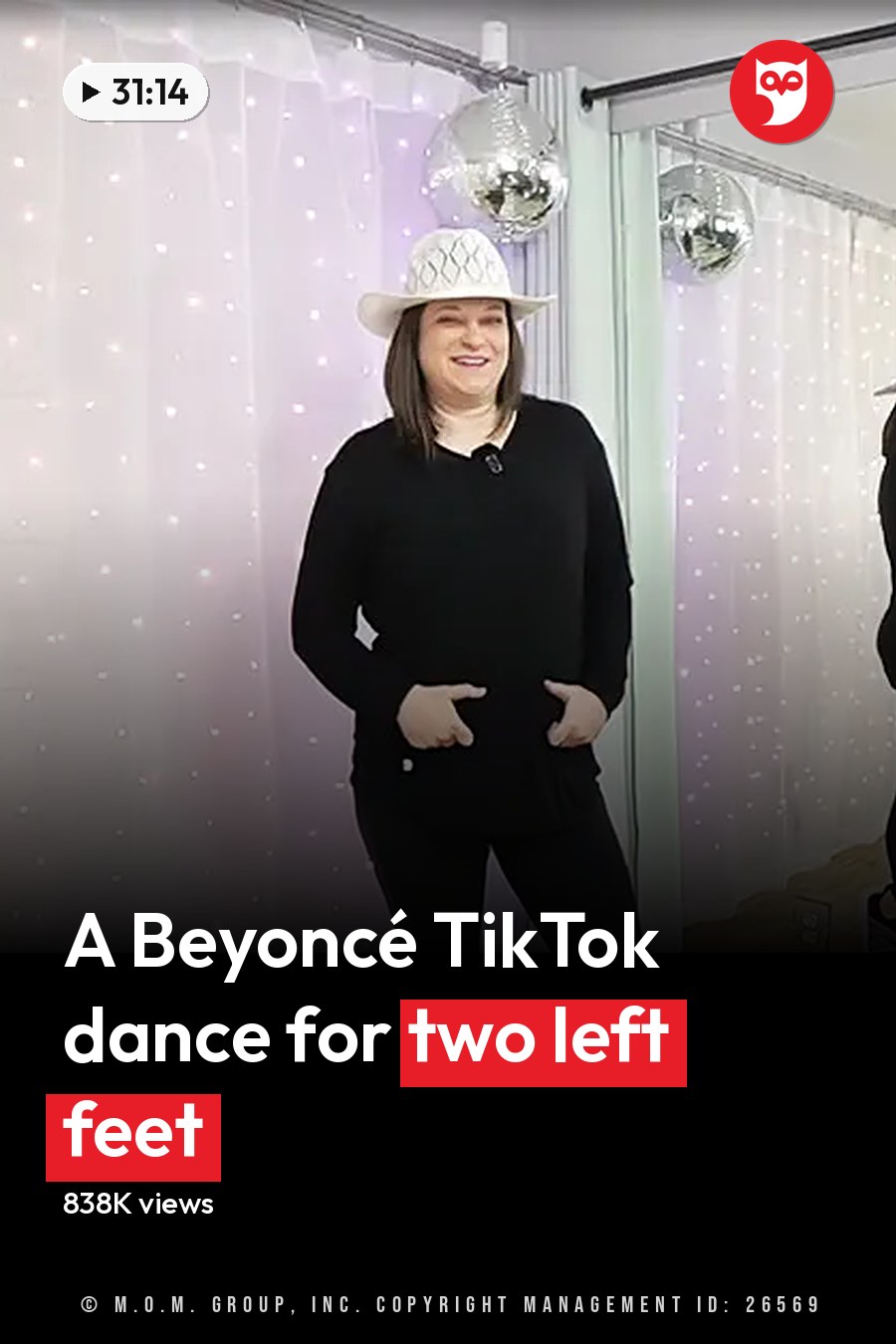 A young adult female in a casual outfit stands indoors, with white sheer curtains and a disco ball reflecting light from the ceiling. The headline runs in white letters across the lower third.