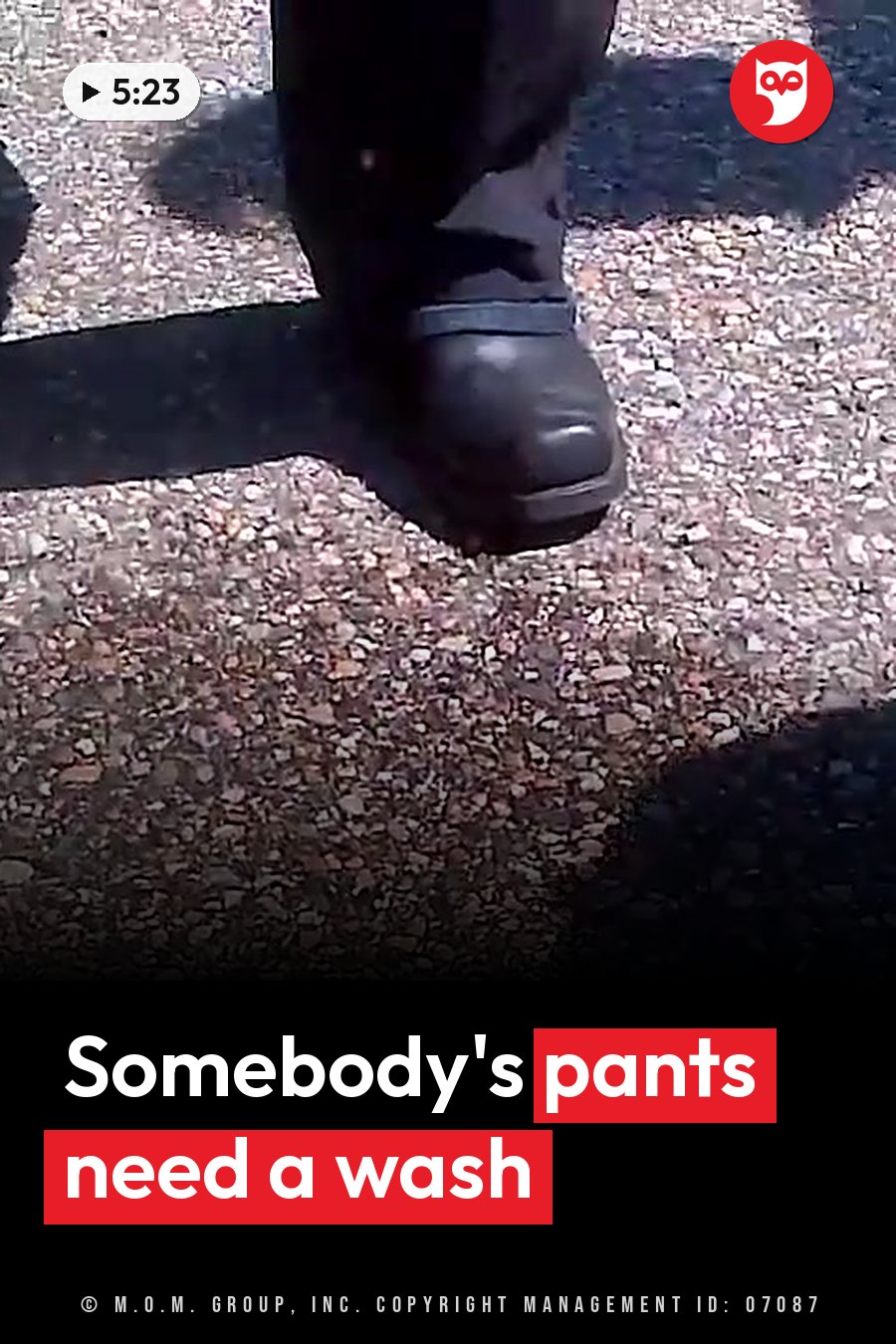 A foot in a dark shoe stands on gravel ground, with shadows nearby. A headline runs in white letters across the lower third.