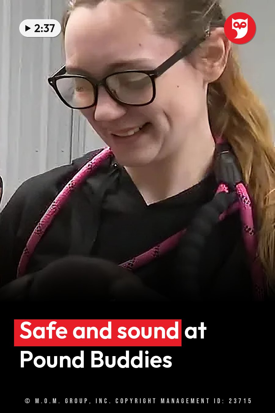 A smiling person with glasses and long hair holds a pink leash near a small animal. A headline runs in white letters across the lower third.