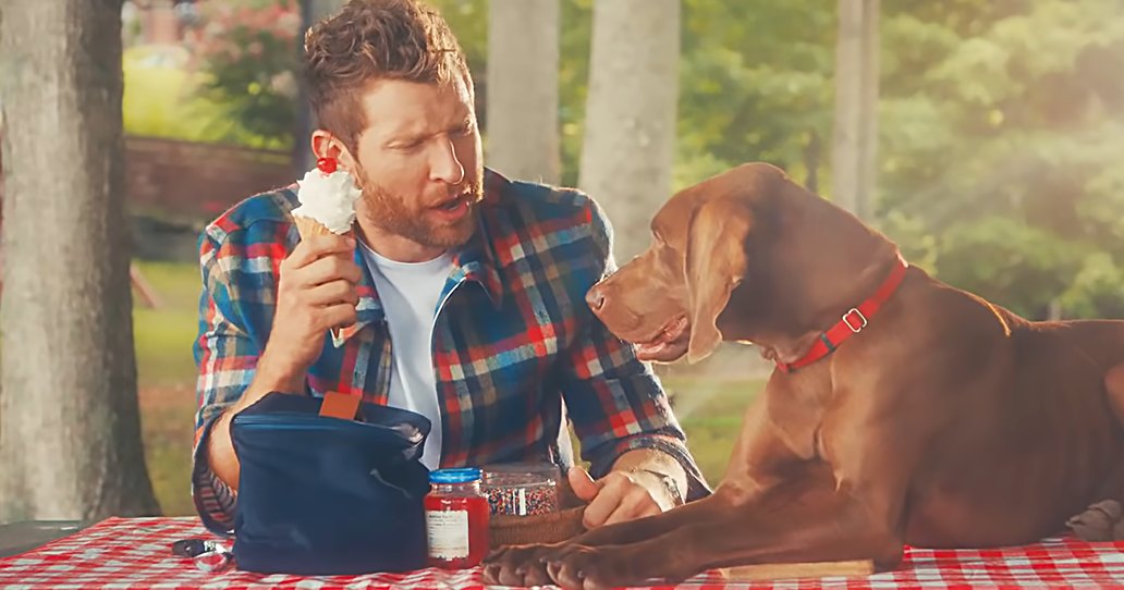 Adult male with dog in park setting, red checkered blanket, late afternoon light