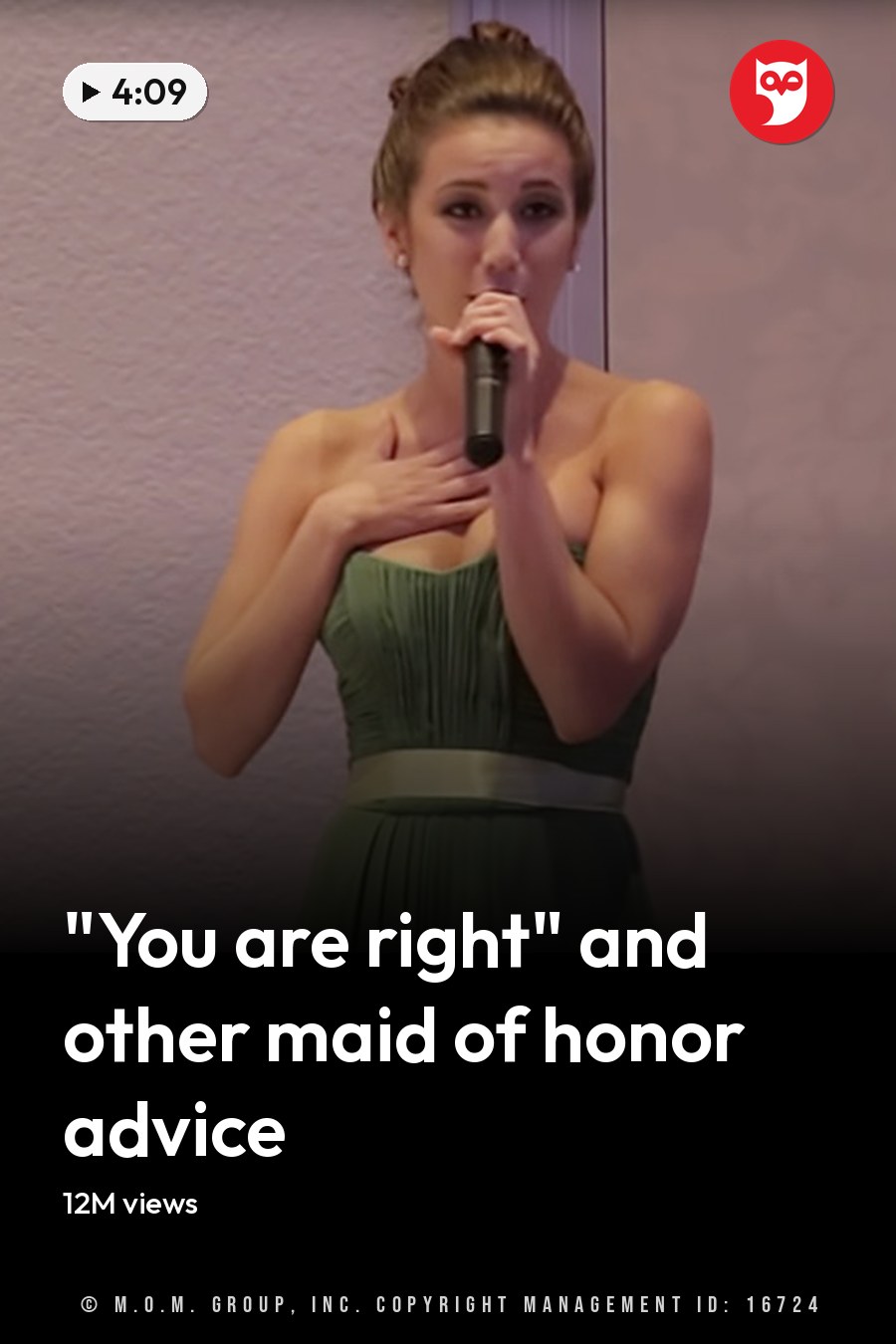 A young adult female in a green sleeveless floor-length gown with a gold belt, giving a speech at an indoor wedding reception alongside a smiling bride and seated groom in a gray suit during the evening. The headline runs in white letters across the lower third.
