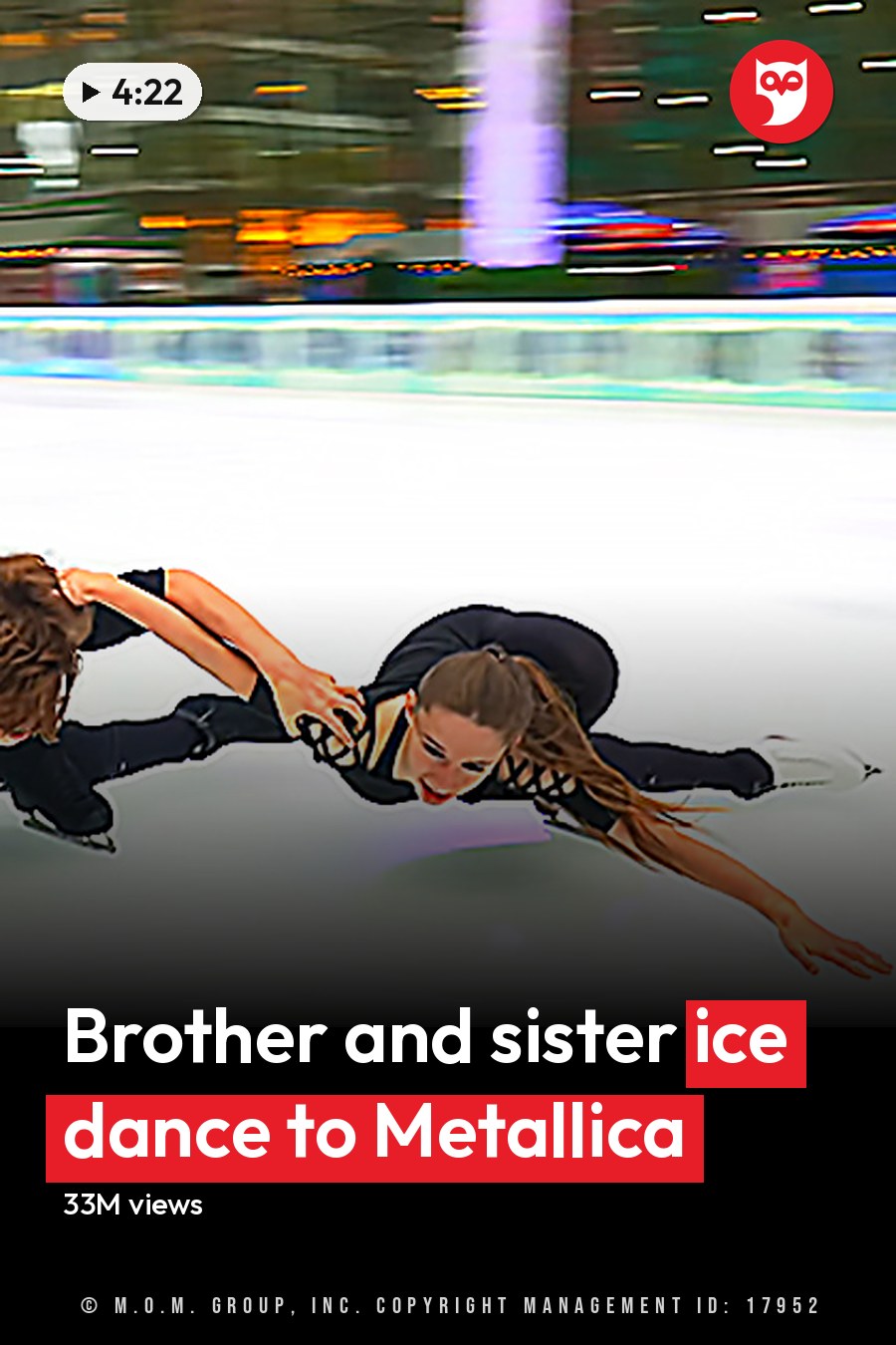 Young adult male and female figure skaters in a well-lit indoor ice rink with smooth skating surface, wearing fitted black attire and white skate boots. The headline runs in white letters across the lower third.