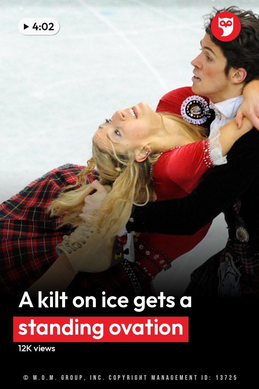 A young female figure skater in a red and black plaid skirt and white lace top performs alongside an adult male partner at an indoor ice rink, both dressed in figure skating attire. The headline runs in white letters across the lower third.
