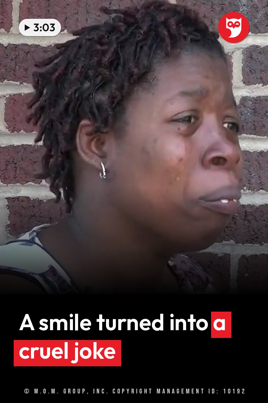 Jessica McDaniels stands near a brick wall, looking off to the side, with a tear on her cheek. A headline runs in white letters across the lower third.
