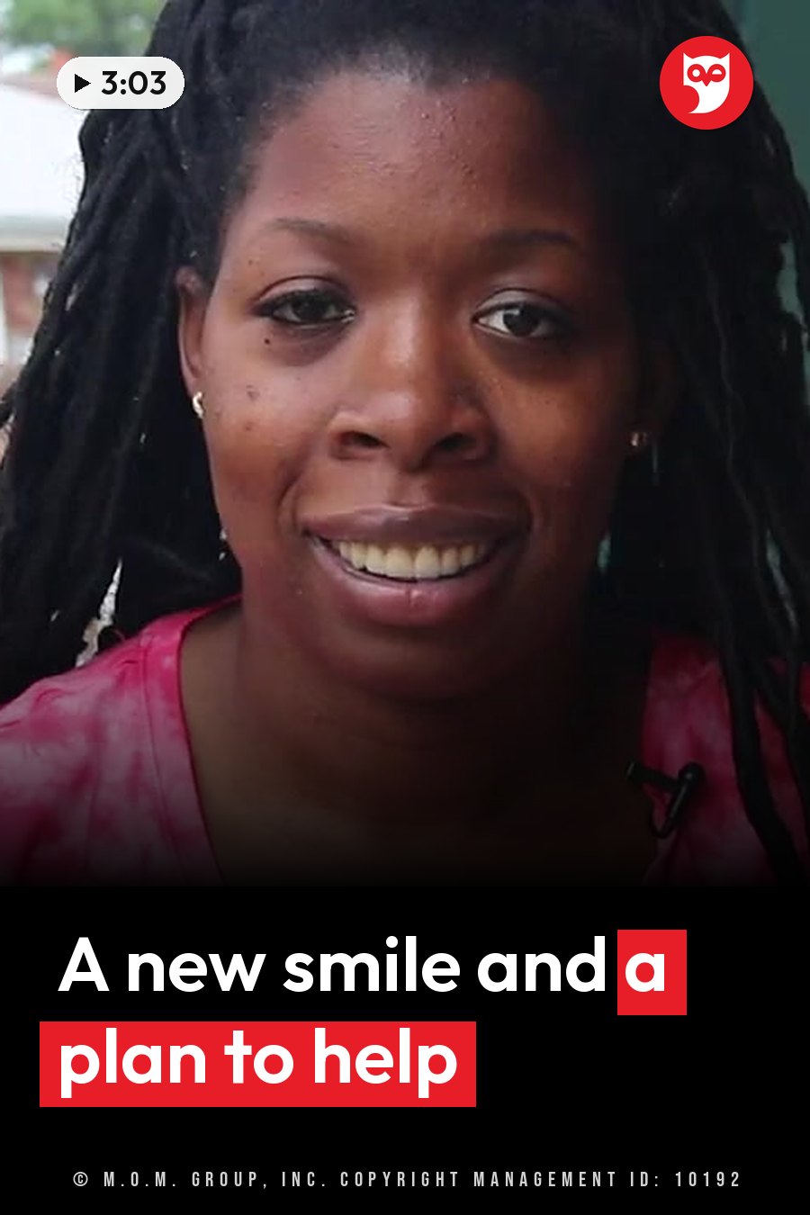 A woman with dark dreadlocks smiles, wearing a pink tie-dye shirt and small earrings. A headline runs in white letters across the lower third.