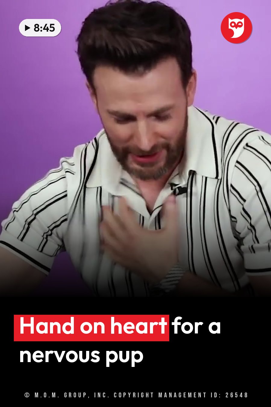 Chris Evans in a striped shirt, one hand on his chest, looks down in front of a purple backdrop. A headline runs in white letters across the lower third.