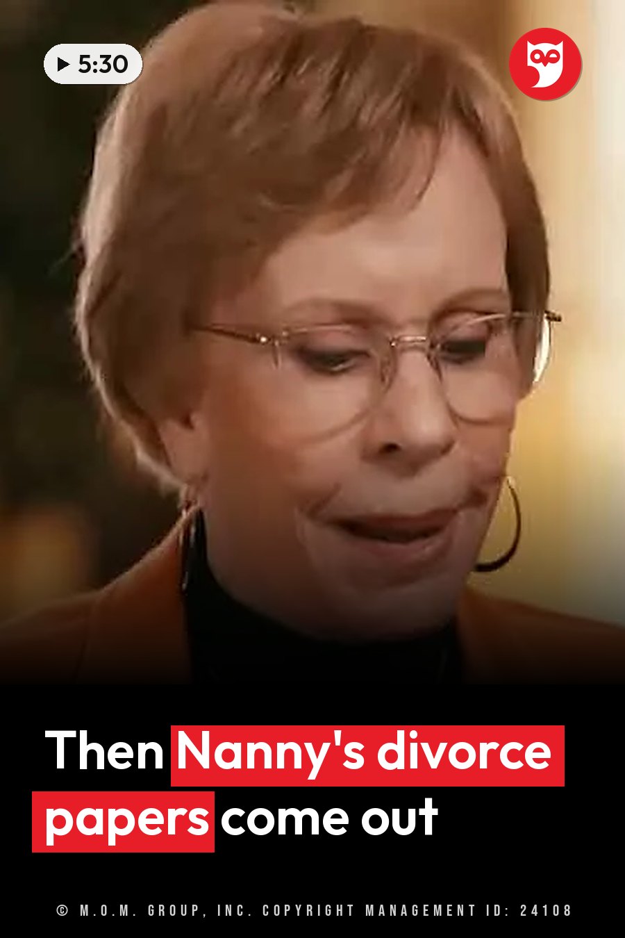 Carol Burnett, in glasses, hoop earrings and an orange jacket over a black top, looks down. A headline runs in white letters across the lower third.