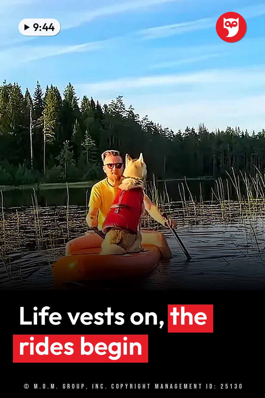 A man paddles an orange inflatable boat on calm water with a dog in a red vest, a forested shore behind them. A headline runs in white letters across the lower third.